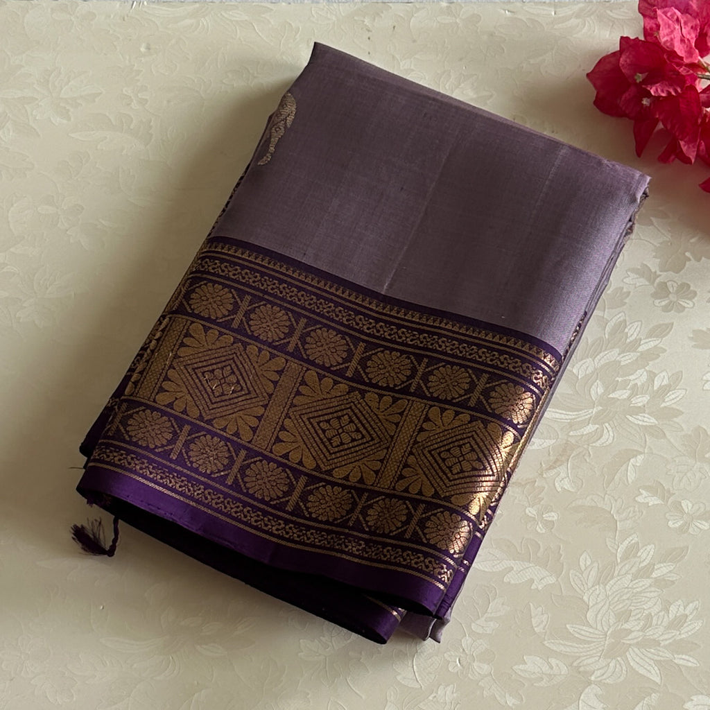 Deep Violet Silk Saree With Gold Zari Brocade Border And Pallu