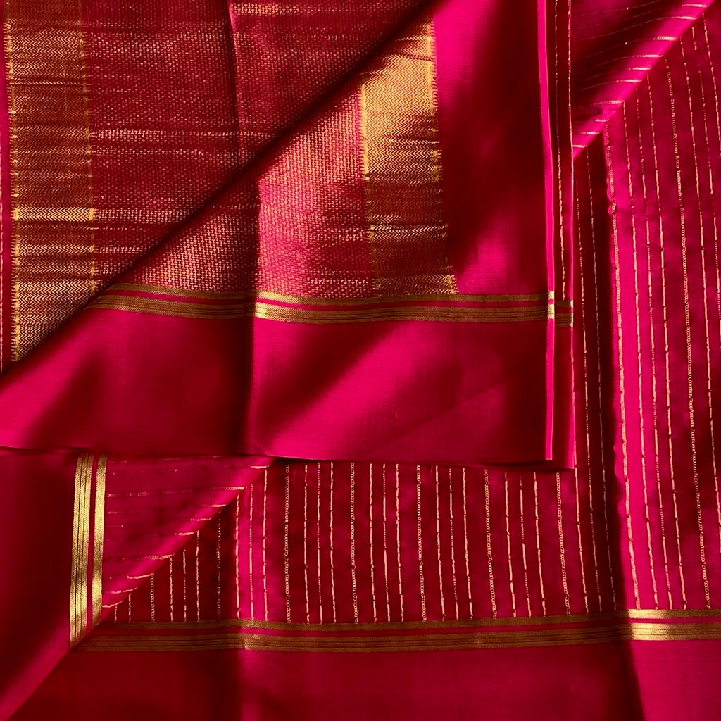 Rani Pink Mysore Crepe Silk Saree With Gold Striped Border