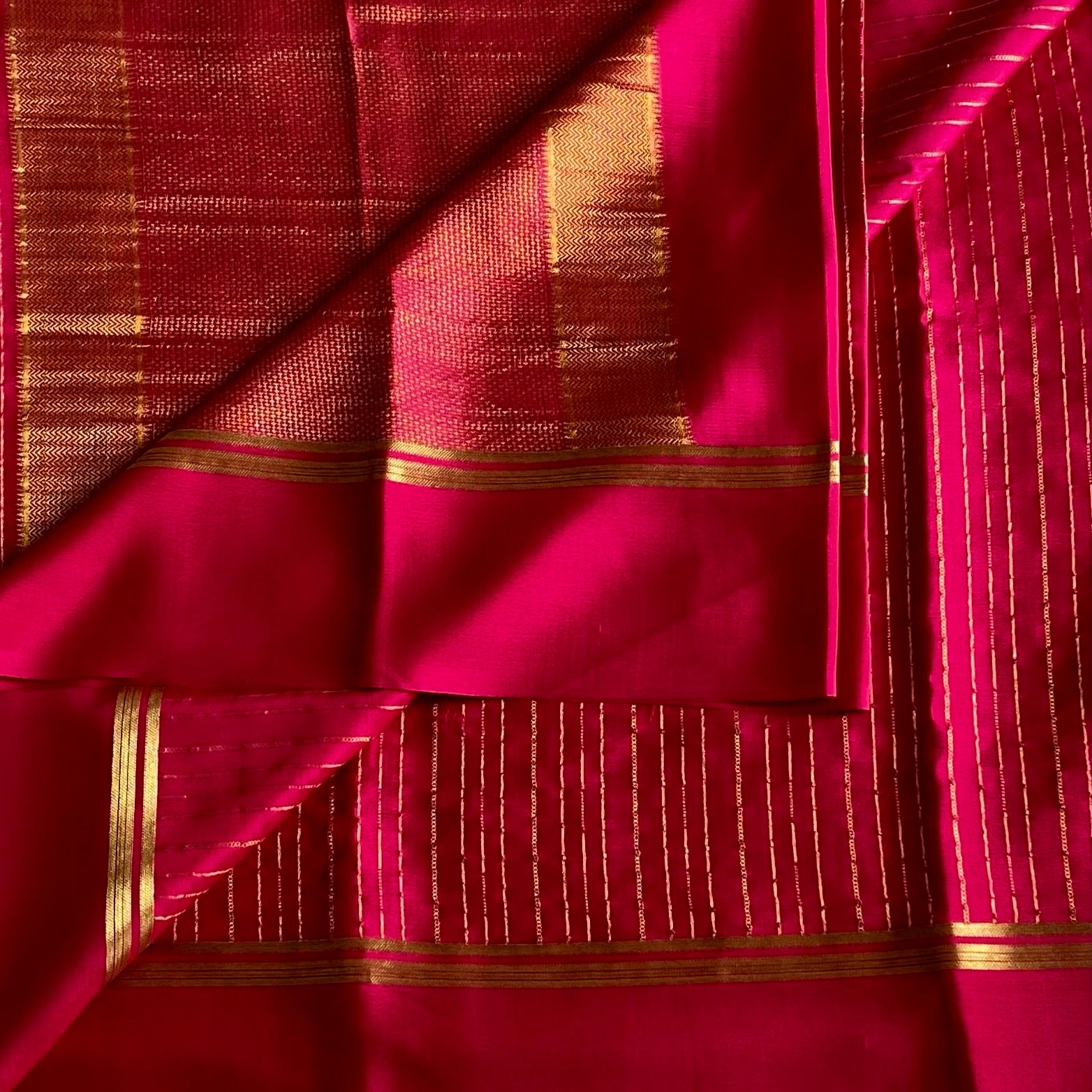 Rani Pink Mysore Crepe Silk Saree With Gold Striped Border
