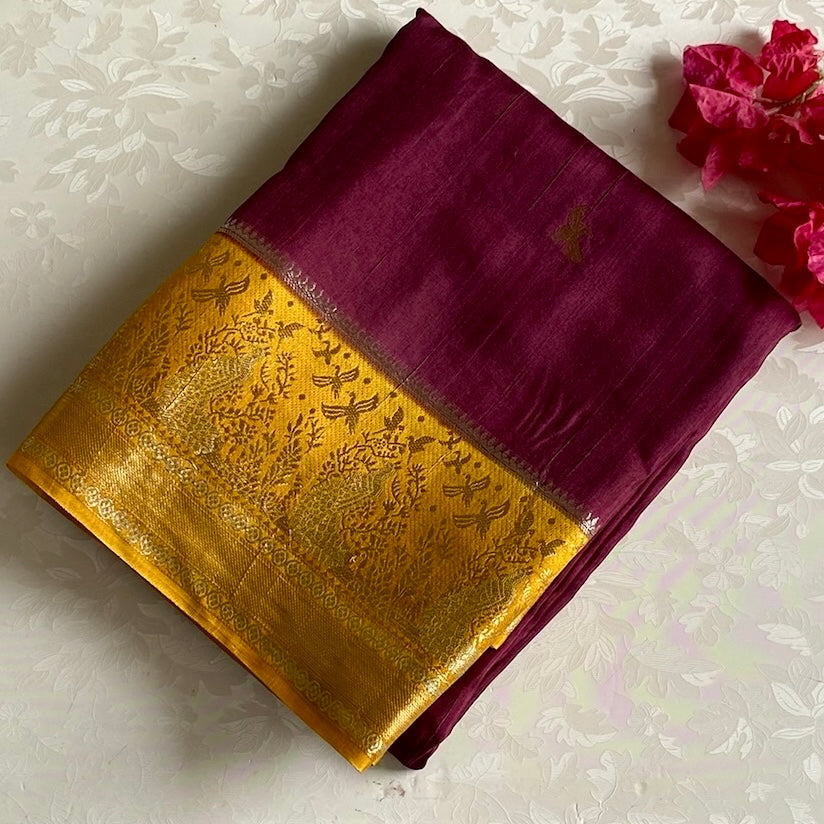 Deep Maroon With Yellow Soft Tussar Silk Saree With Mustard Yellow Pallu
