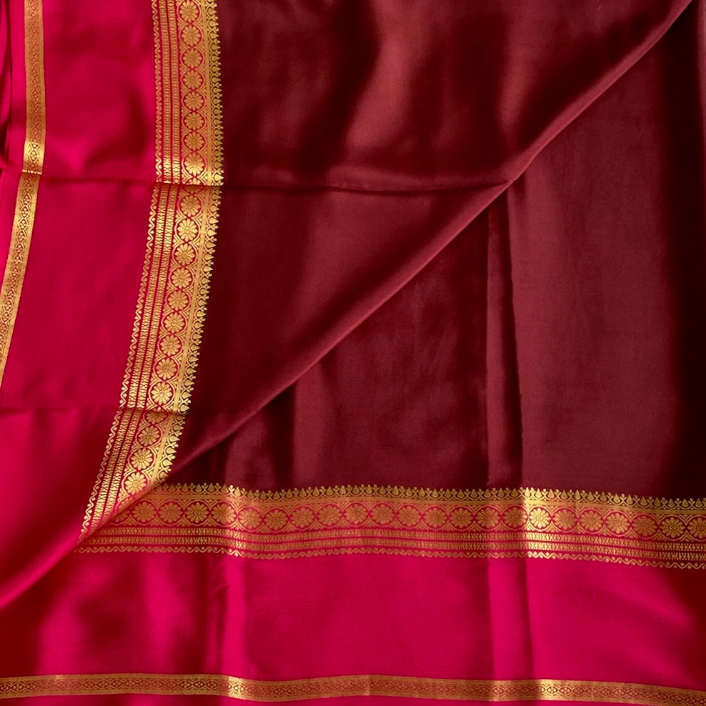 Deep Wine Chocolate Mysore Crepe Silk Saree With Rani Pink Pallu