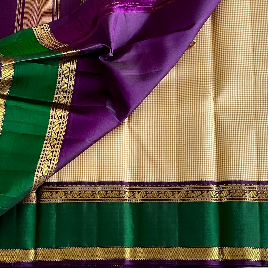 Beige Micro Checkered Kanjeevaram Pure Zari Silk Brinjal Purple With Emerald Borders