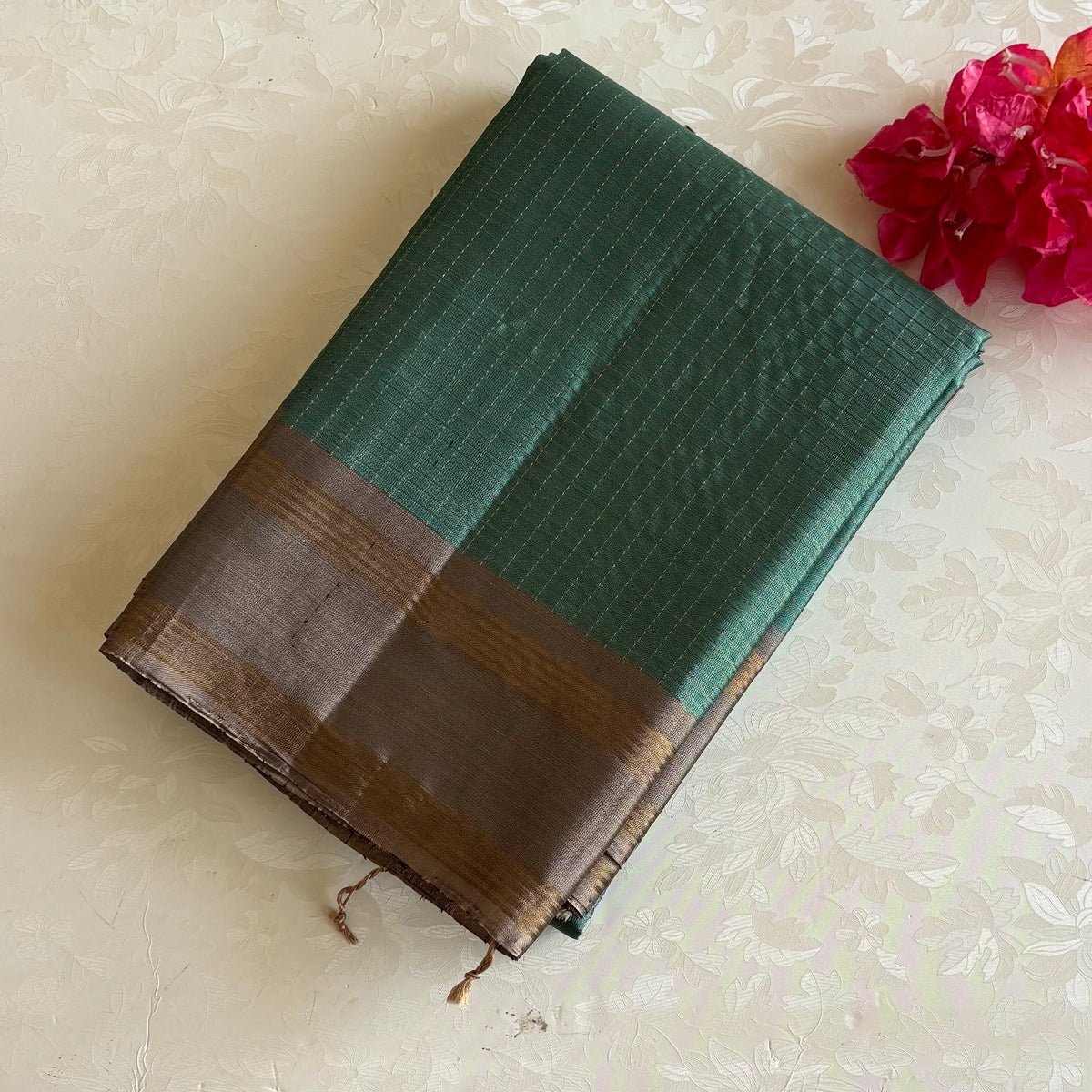 Metallic Teal Green Designer Pure Silk Saree With Antique Bronze Grey Pallu