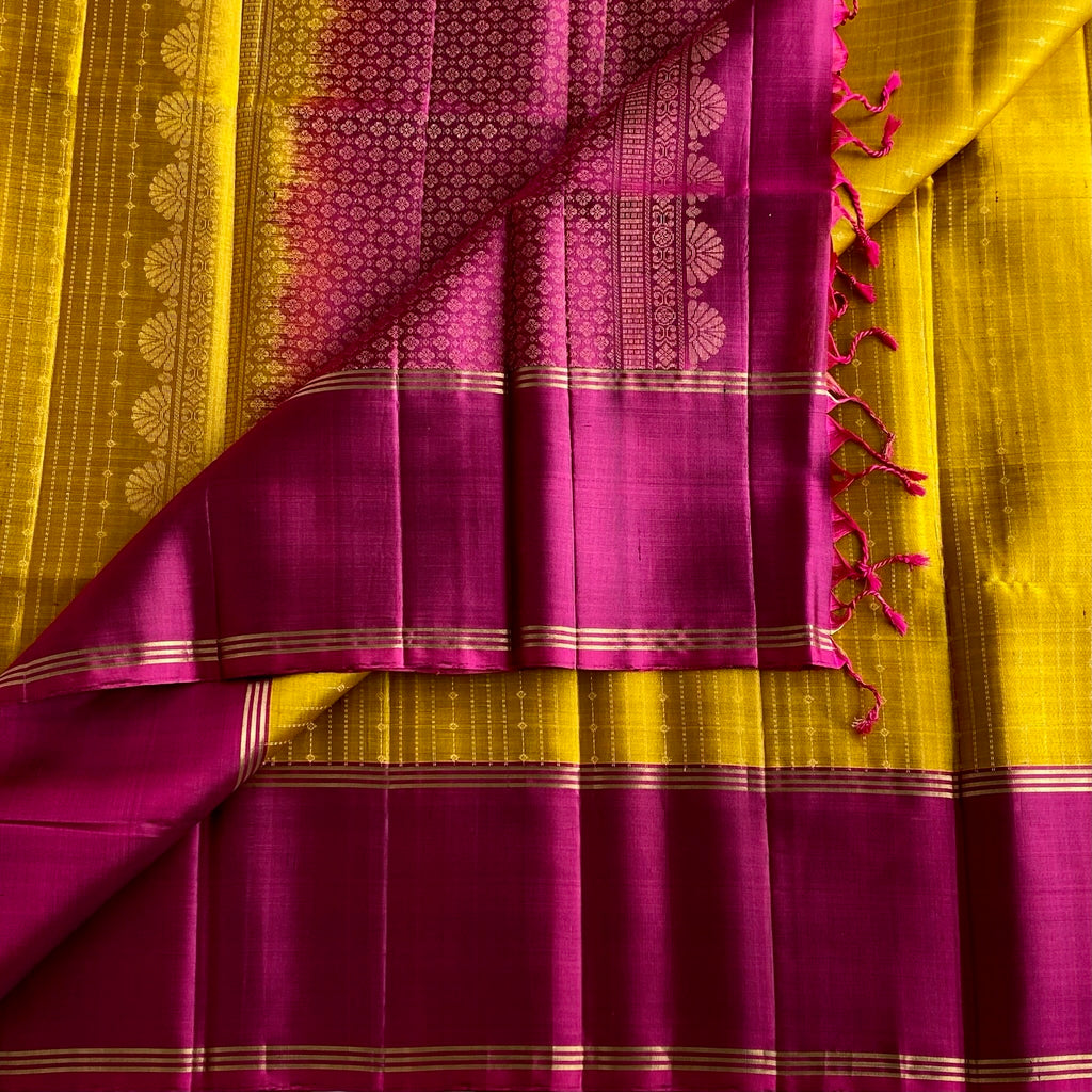 Golden Mustard With Magenta Intricate Zari Woven Designer Pure Silk