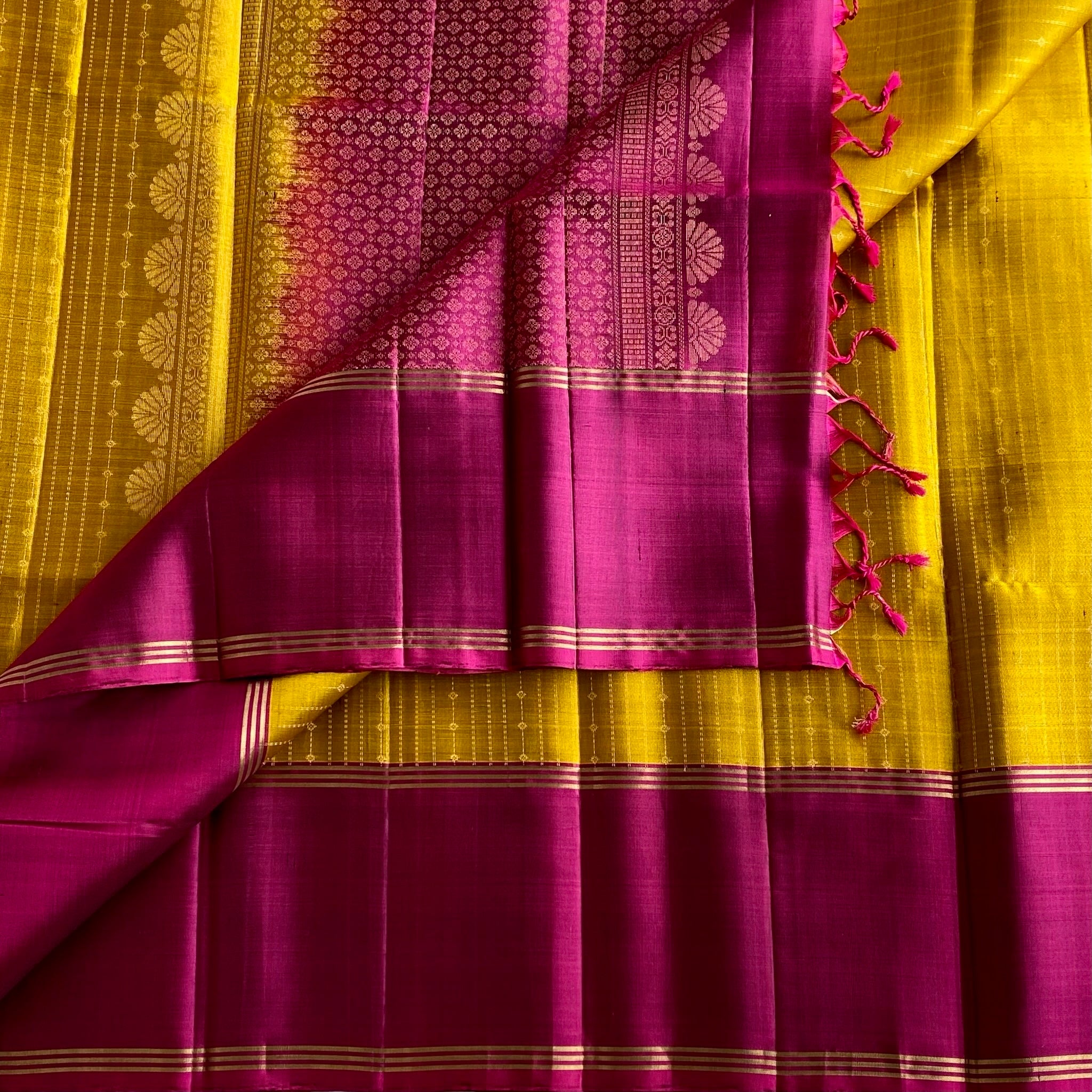 Golden Mustard With Magenta Intricate Zari Woven Designer Pure Silk