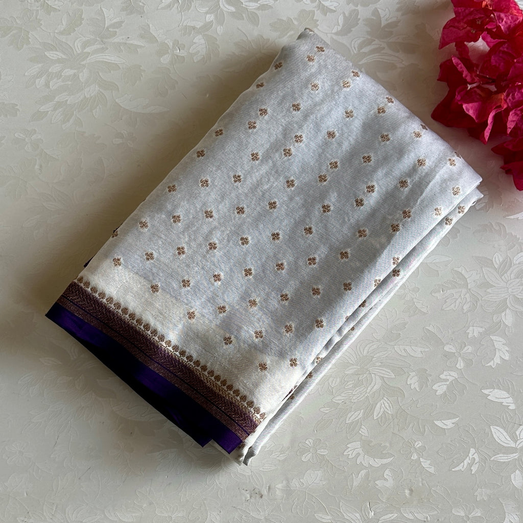 Ivory Banarasi Soft Crepe Silk Saree With Royal Purple Pallu