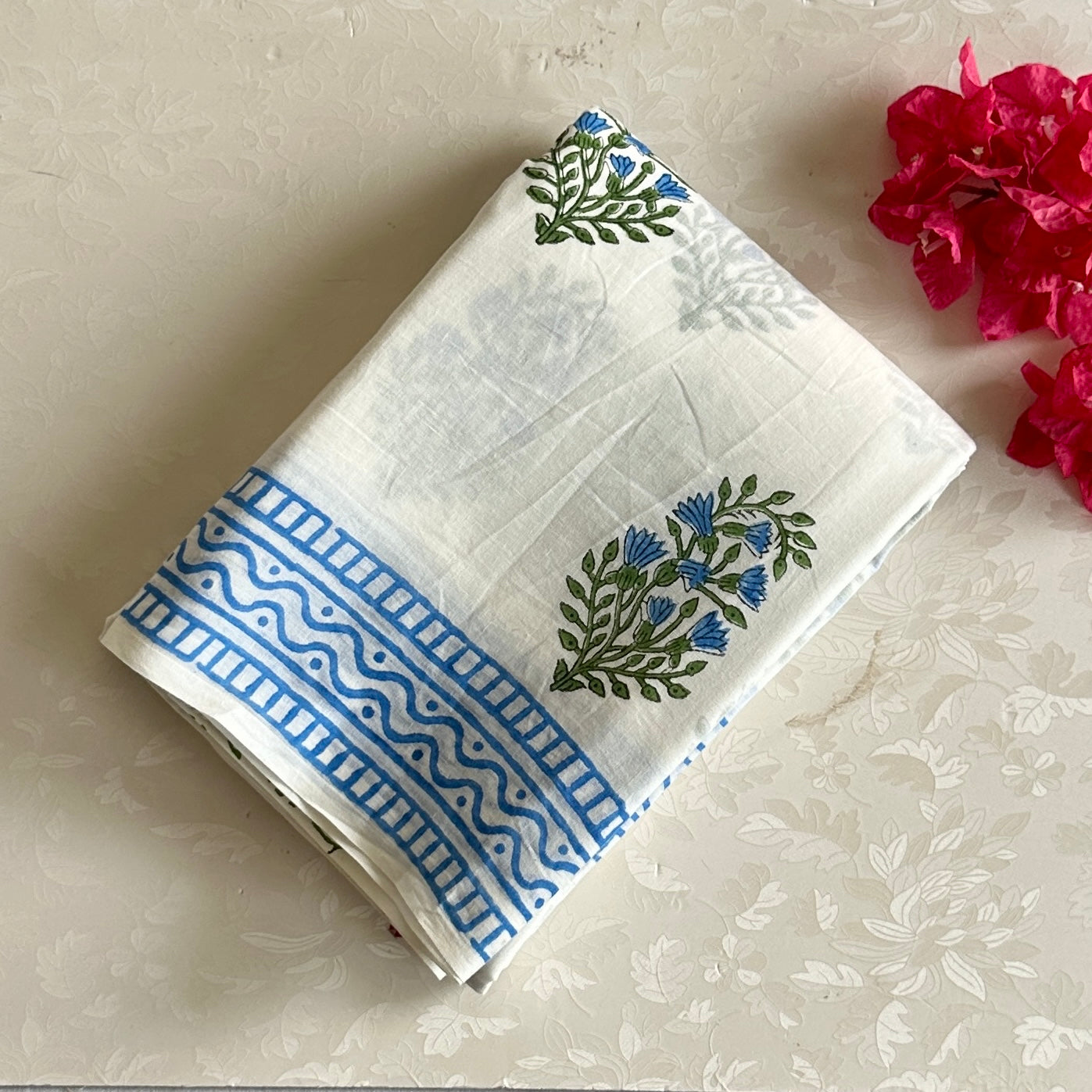 Off White Soft Tussar Silk Saree With Sky Blue Striped Border