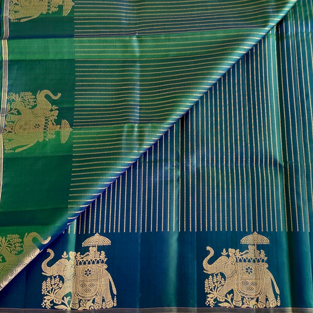 Peacock Blue Designer Pure Silk Saree With Rich Elephant Borders