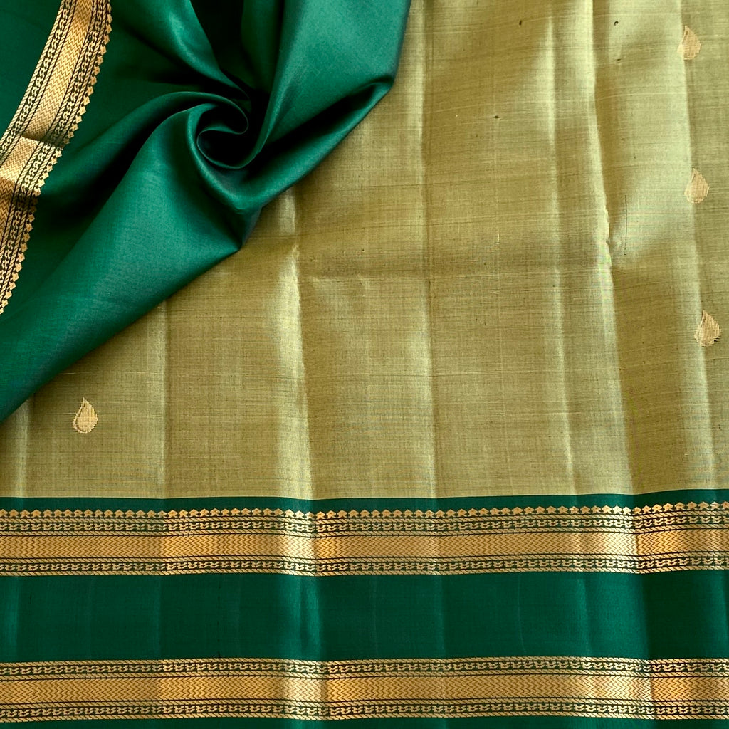 Metallic Sage Green Designer Pure Silk Saree With Emerald Green Pallu