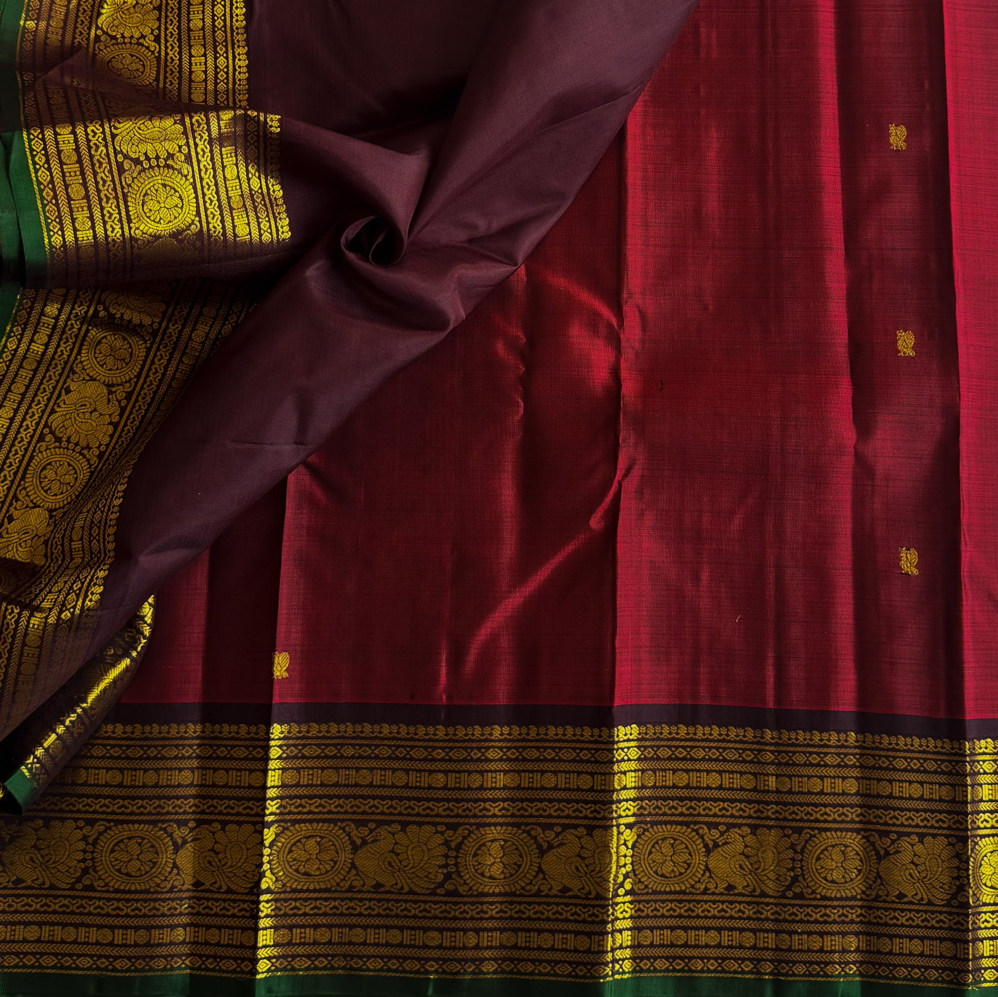 Burgundy Silk Saree Gold Brocade Floral Pallu Green Edged Border