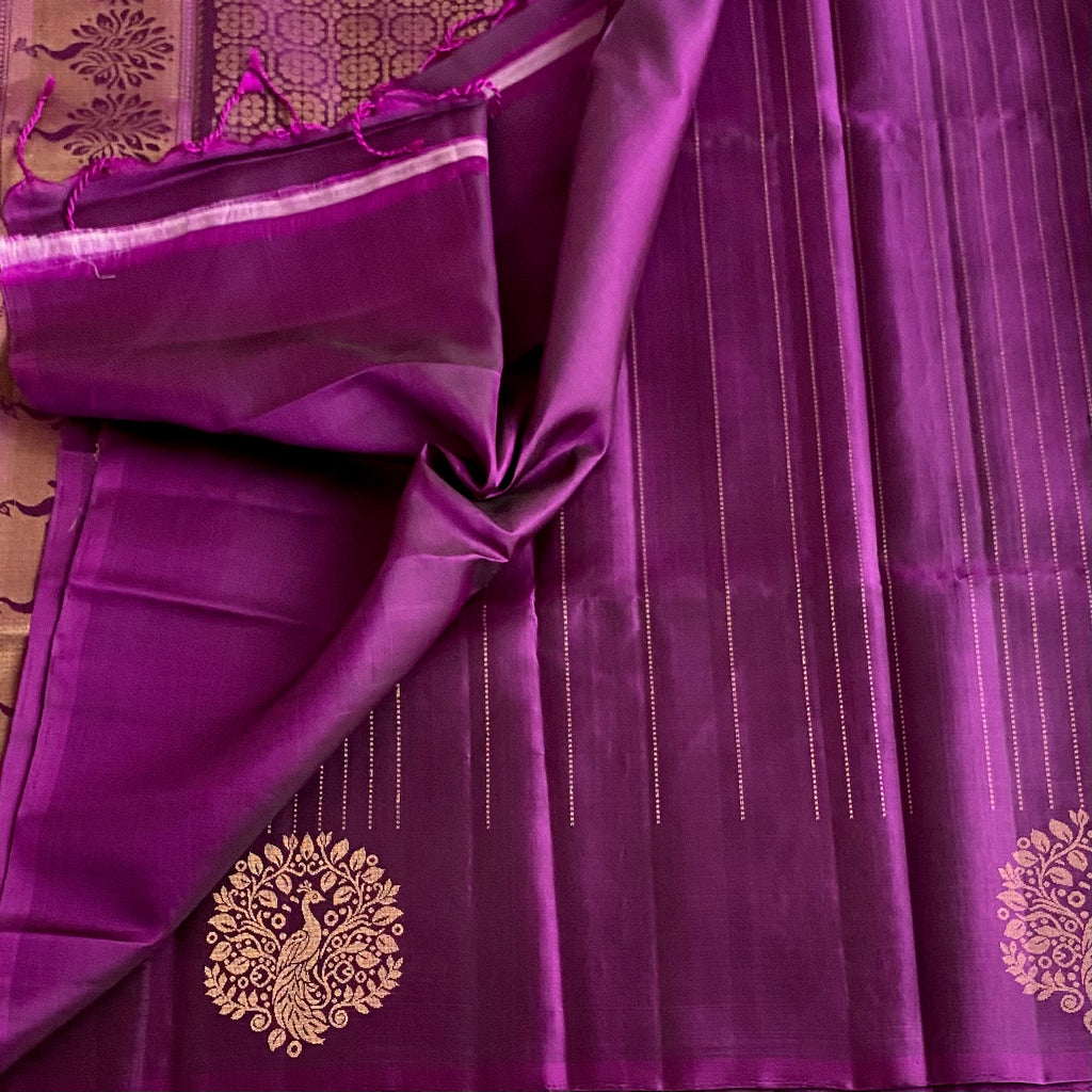 Royal Purple Designer Pure Silk Saree With Antique Gold Zari Stripes