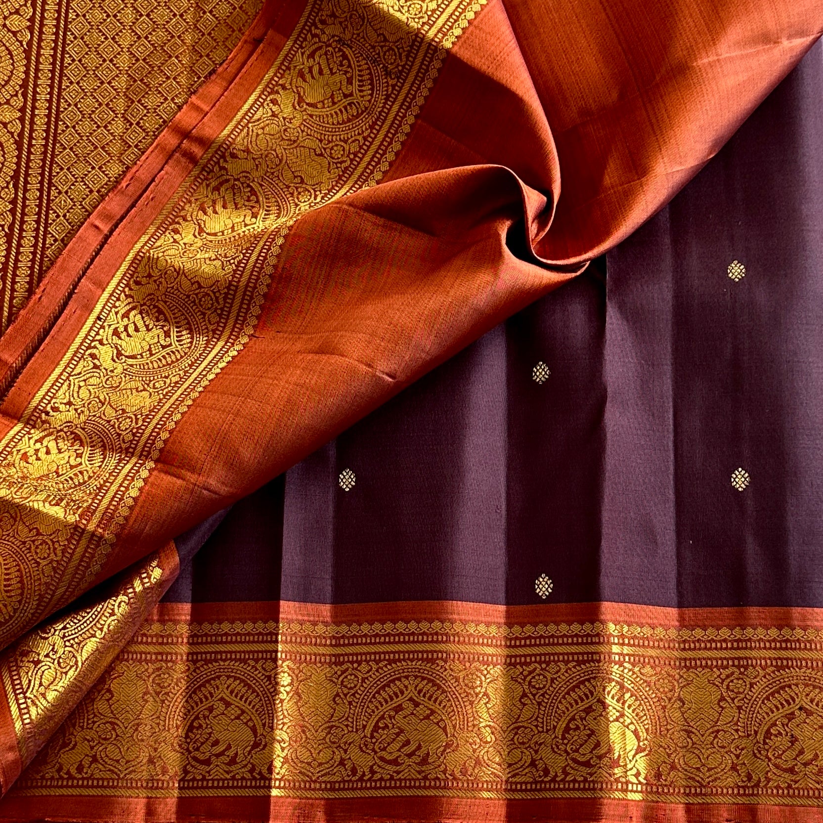 Deep Chocolate Wine Kanjivaram Silk Saree Gold Brocade Pallu Orange Border