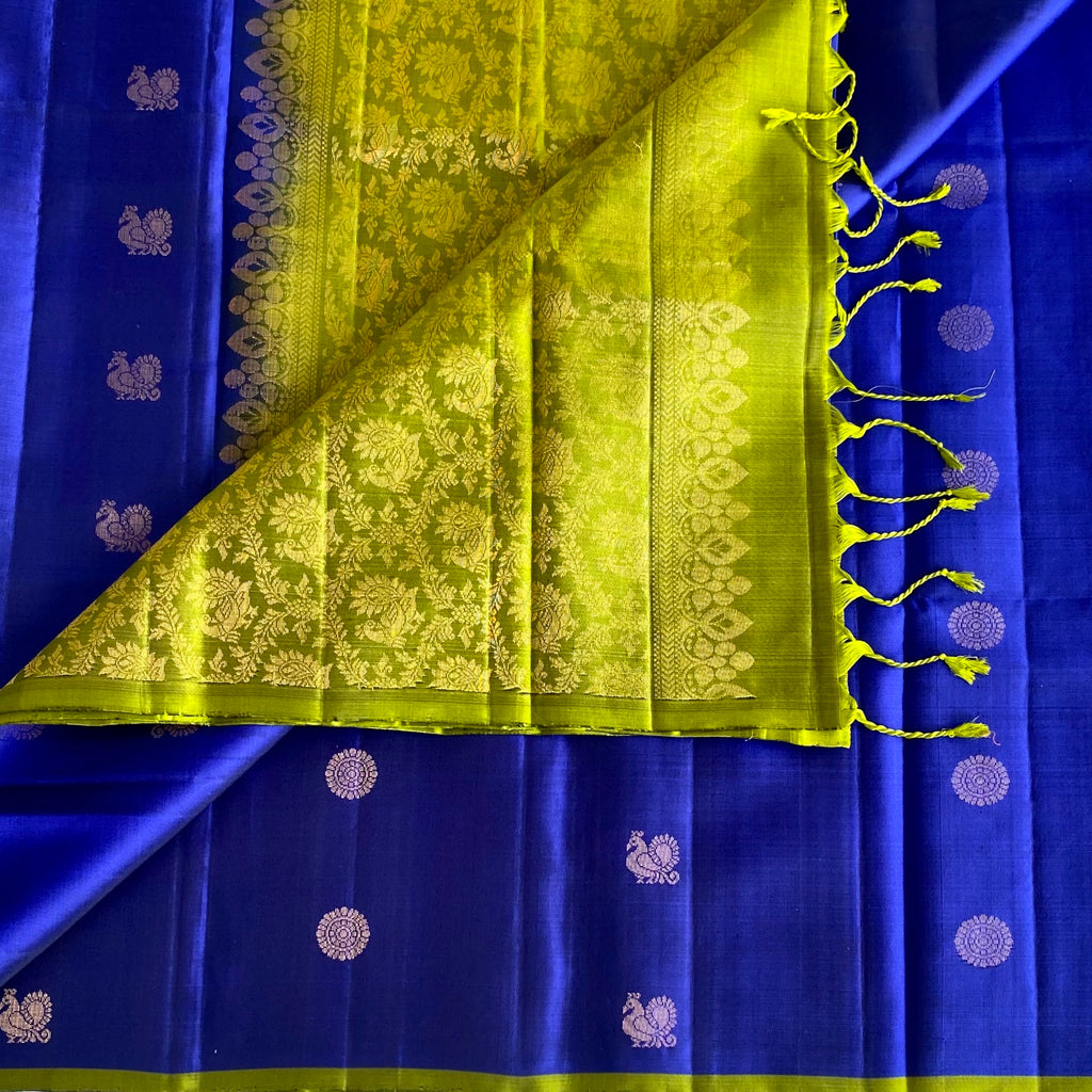 Royal Blue Designer Pure Silk Saree With Lime Green Pallu