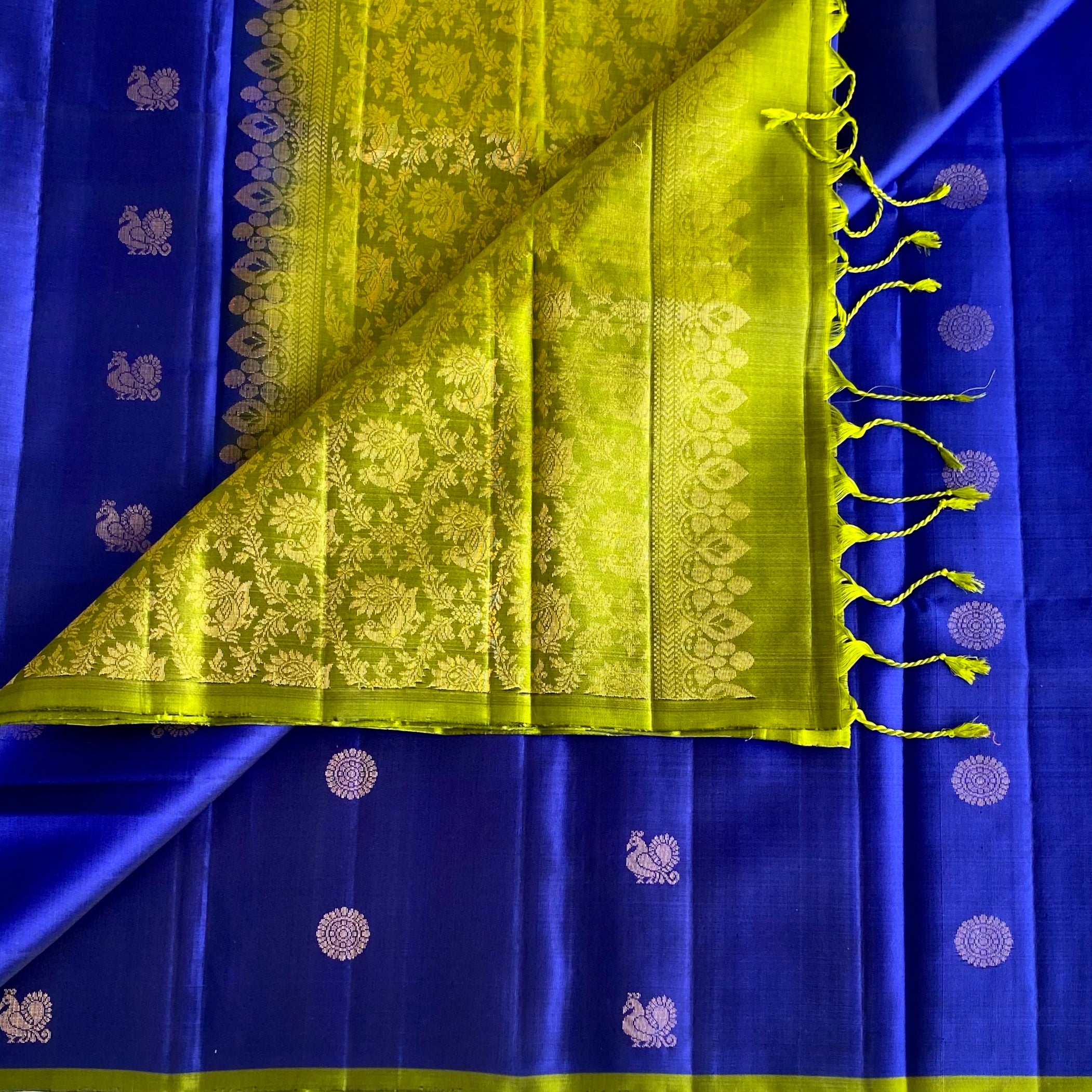 Royal Blue Designer Pure Silk Saree With Lime Green Pallu