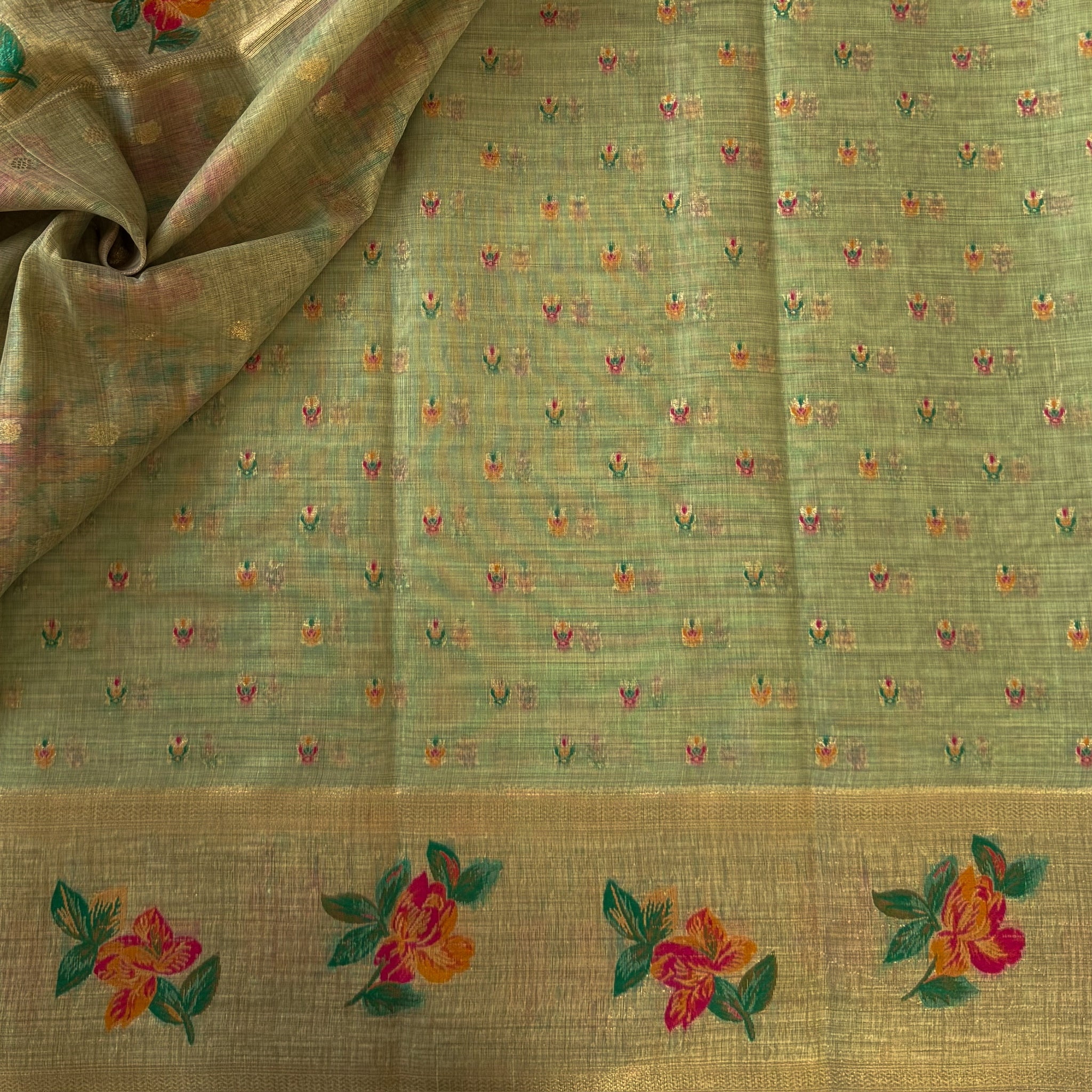 Elegant Pistachio Floral Zari Tassel Saree For Festive Traditional Occasions