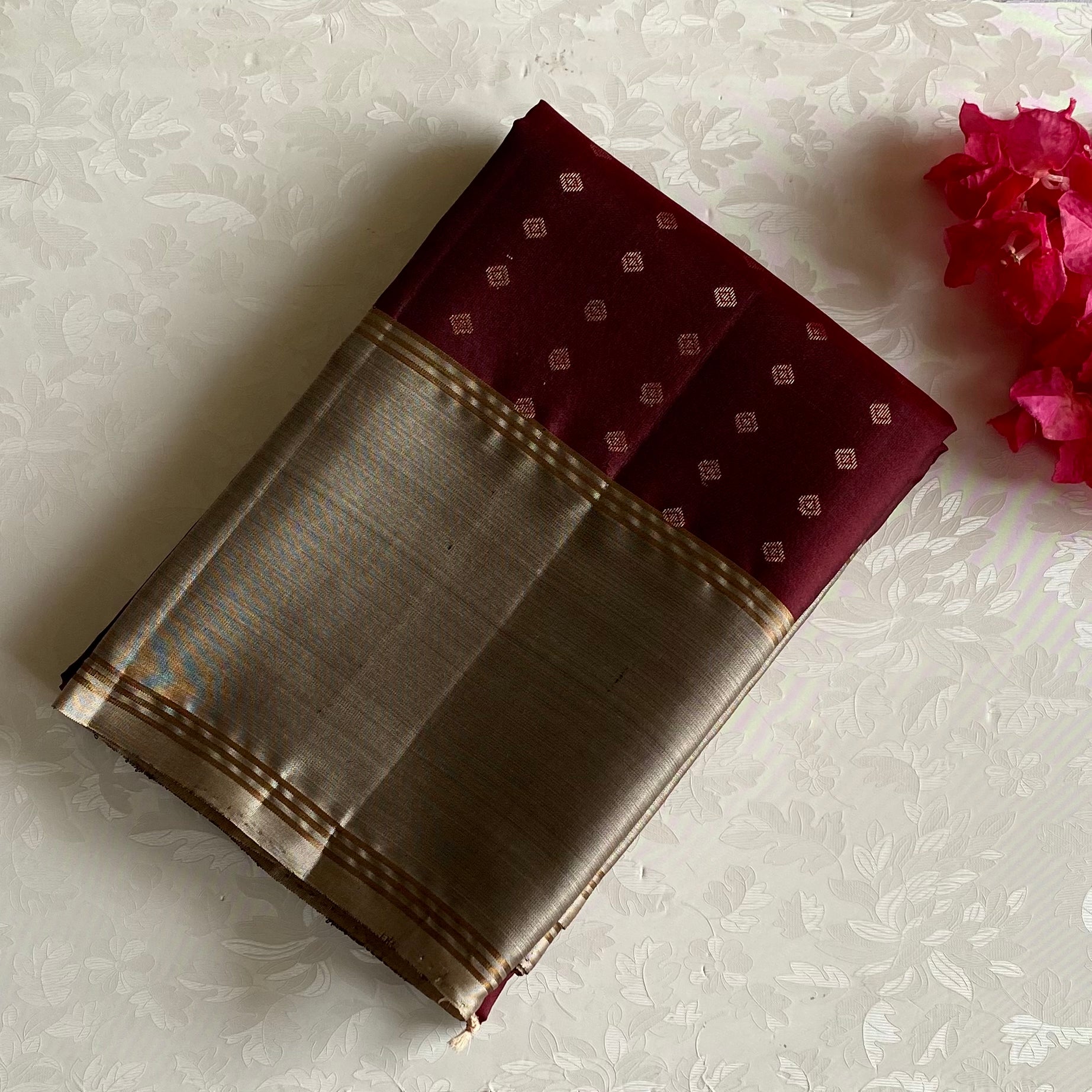 Deep Maroon Designer Pure Silk With Antique Gold Pallu