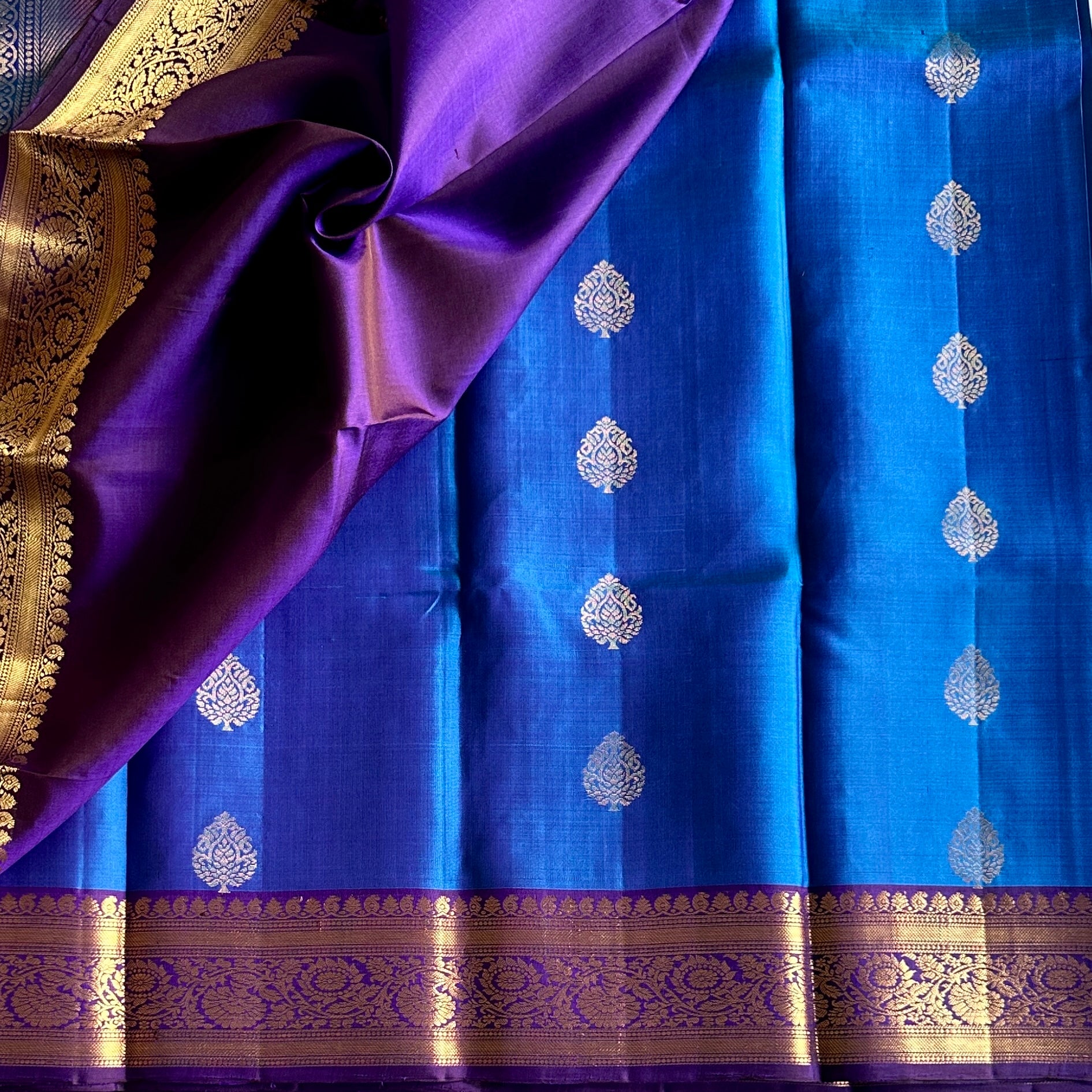 Cobalt Blue Silk Saree Royal Purple Zari Pallu And Border