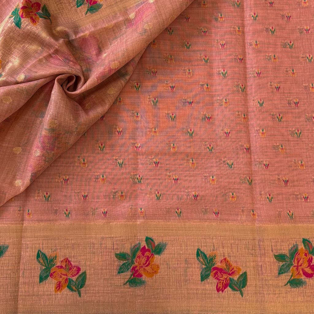 Coral Peach Floral Saree with Golden Border Tassel Pallu