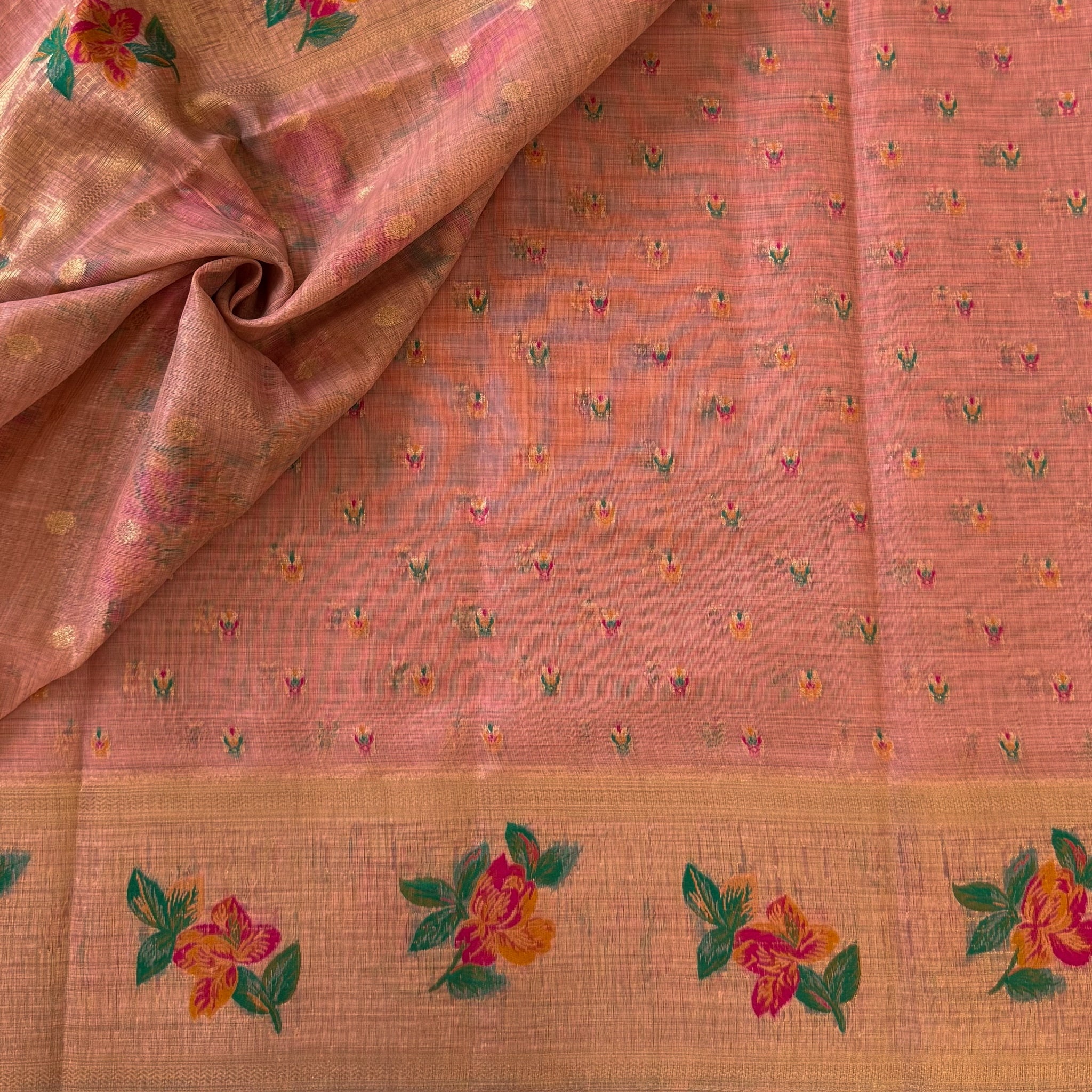 Coral Peach Floral Saree with Golden Border Tassel Pallu