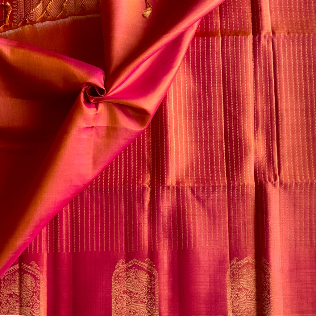Coral Orange Silk Saree with Magenta Gold Zari Border Pallu