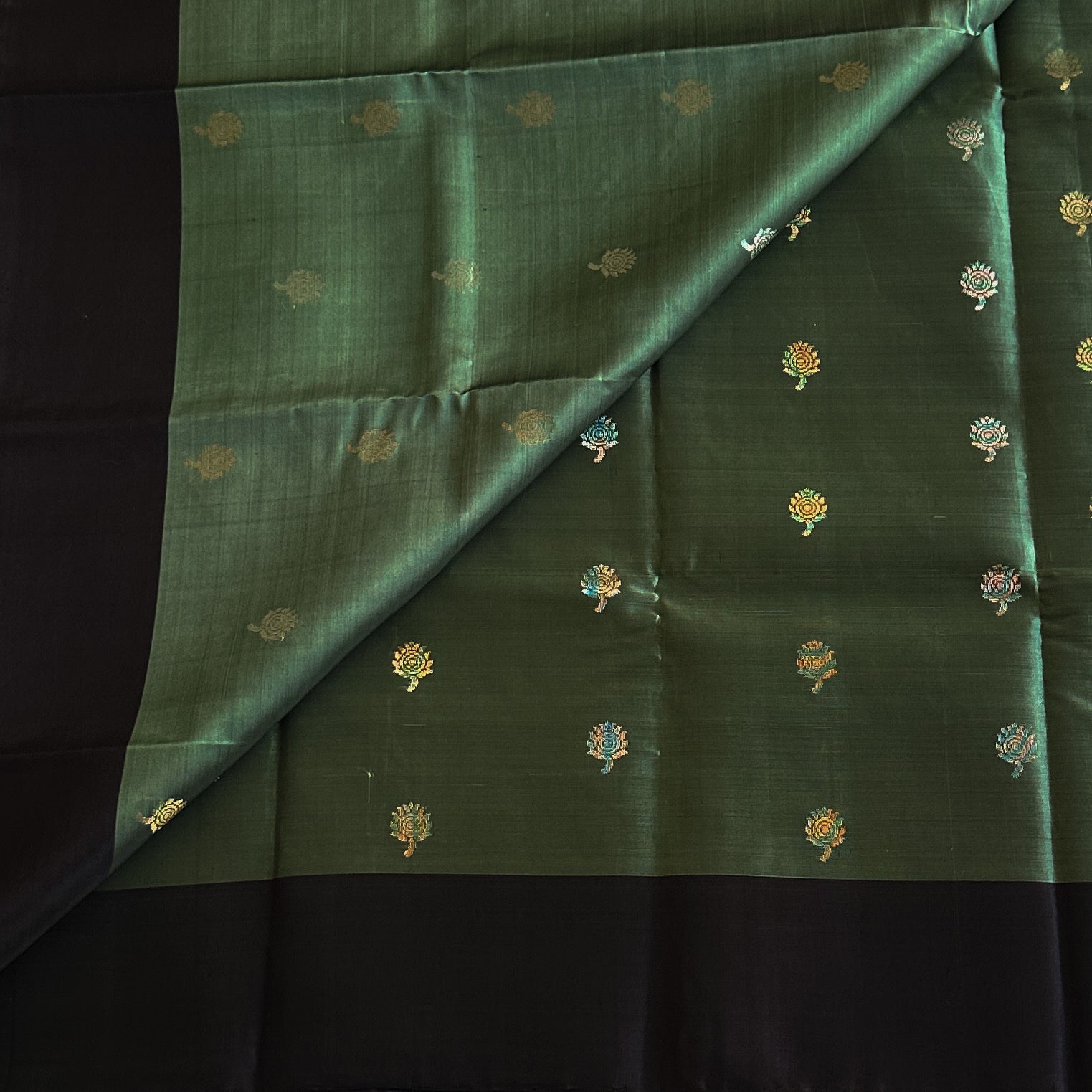 Teal Green Silk Saree Indigo Brocade Pallu Gold Zari Buta