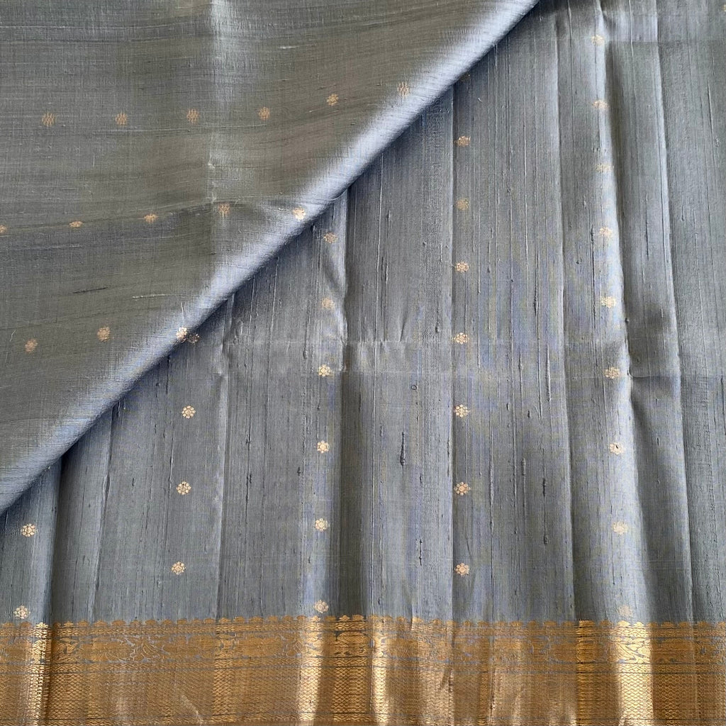 Steel Blue Designer Raw Pure Silk Saree With Antique Gold Pallu & Pastel Green Blouse