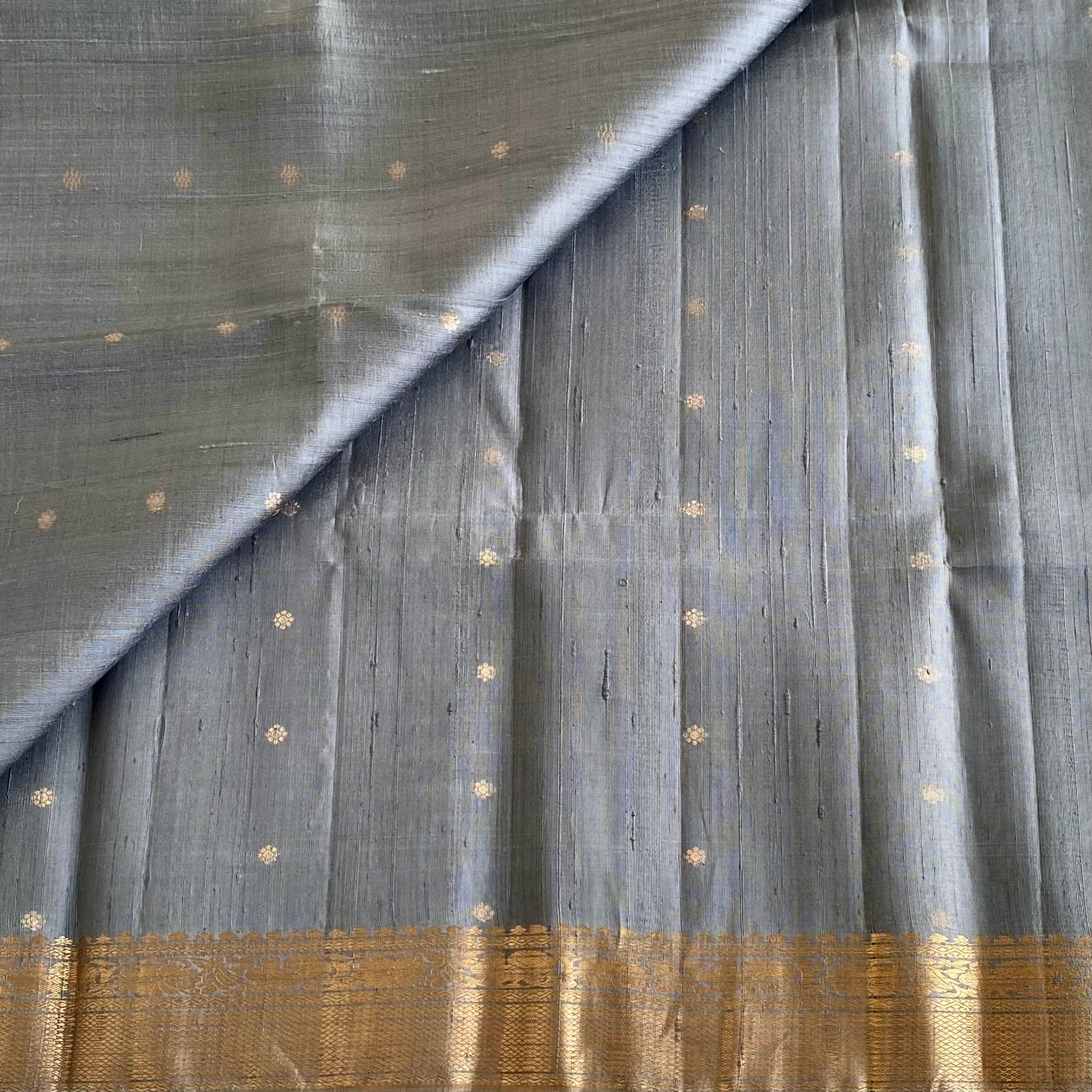 Steel Blue Designer Raw Pure Silk Saree With Antique Gold Pallu & Pastel Green Blouse
