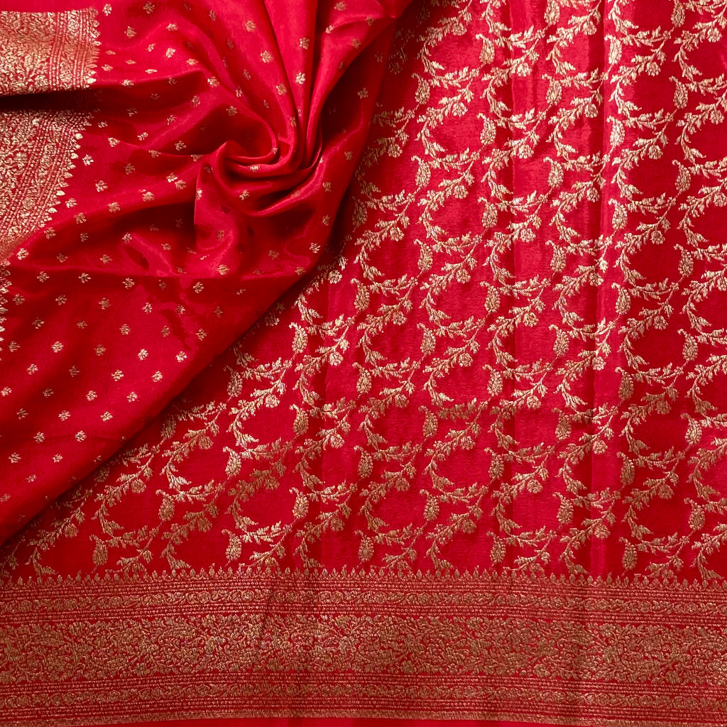 Crimson Soft Crepe Silk With Gold Brocade Floral Border For Weddings