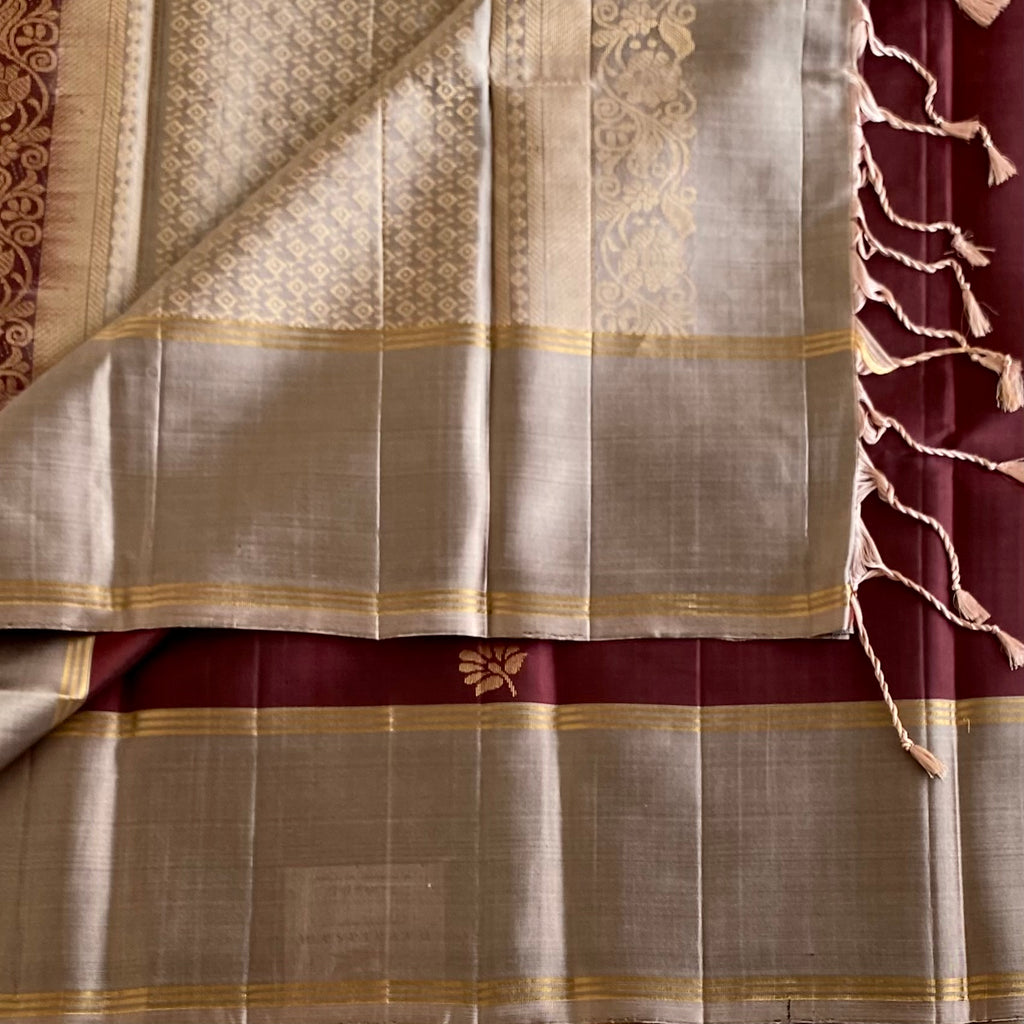 Burgundy Brown & Taupe Beige Designer Pure Silk Saree With Zari Border