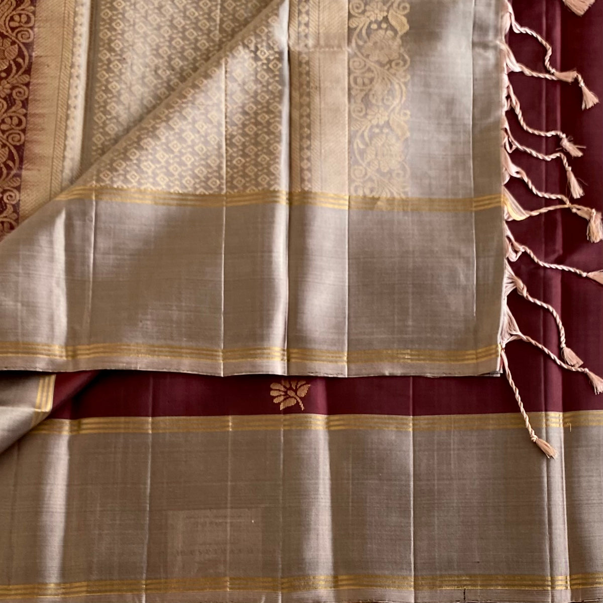 Burgundy Brown & Taupe Beige Designer Pure Silk Saree With Zari Border