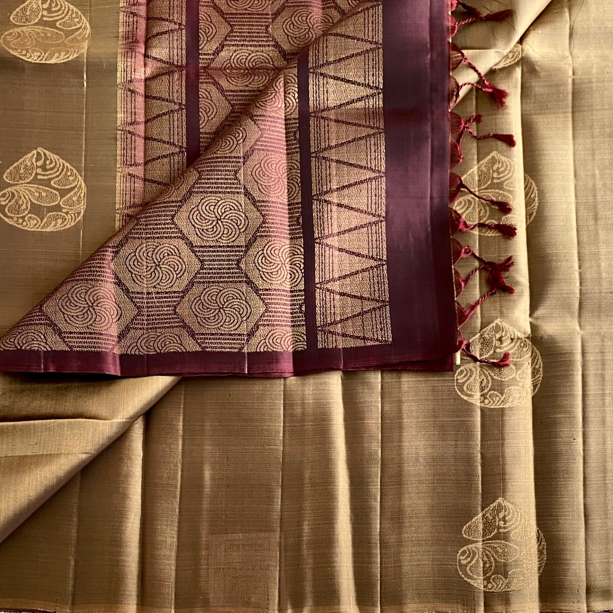Antique Gold Designer Pure Silk Saree With Deep Maroon Pallu