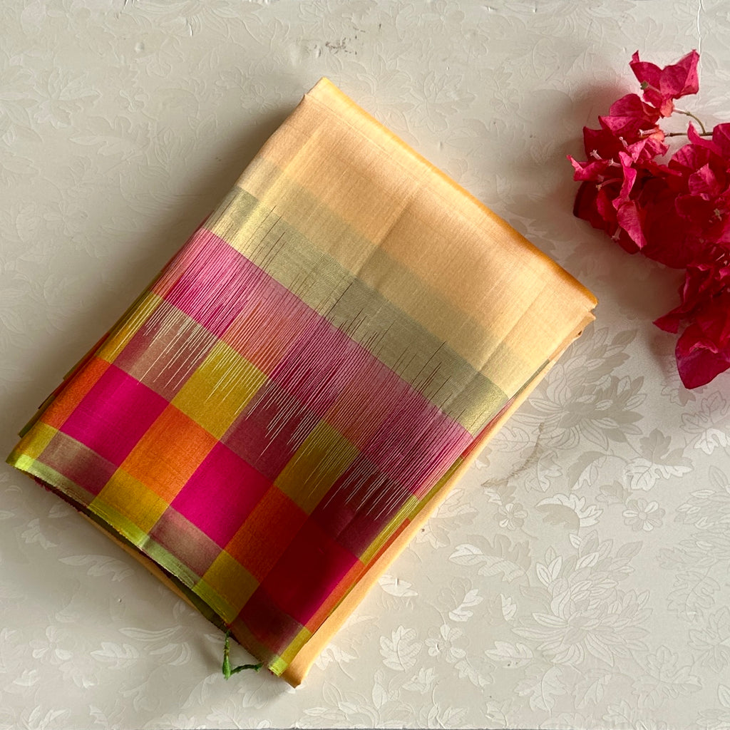 Light Gold Designer Pure Silk With Multi Colour Checkered Borders