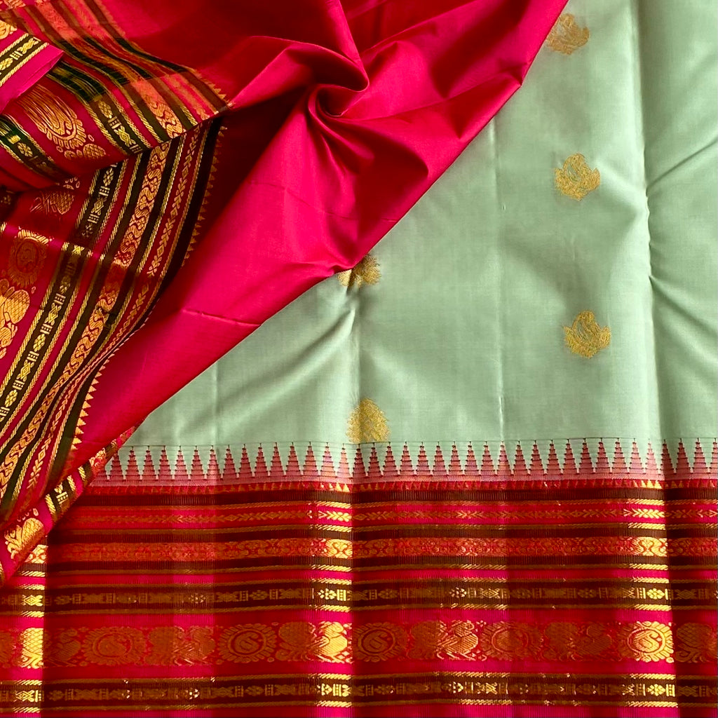 Classic Mint Green With Reddish Pink Designer Pure Kanjeevaram Silk
