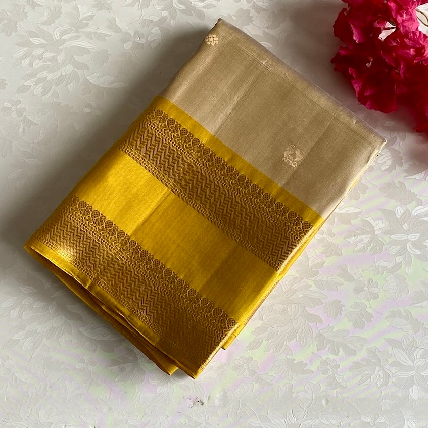 Champagne Beige Designer Pure Silk Saree With Mustard Yellow  Border