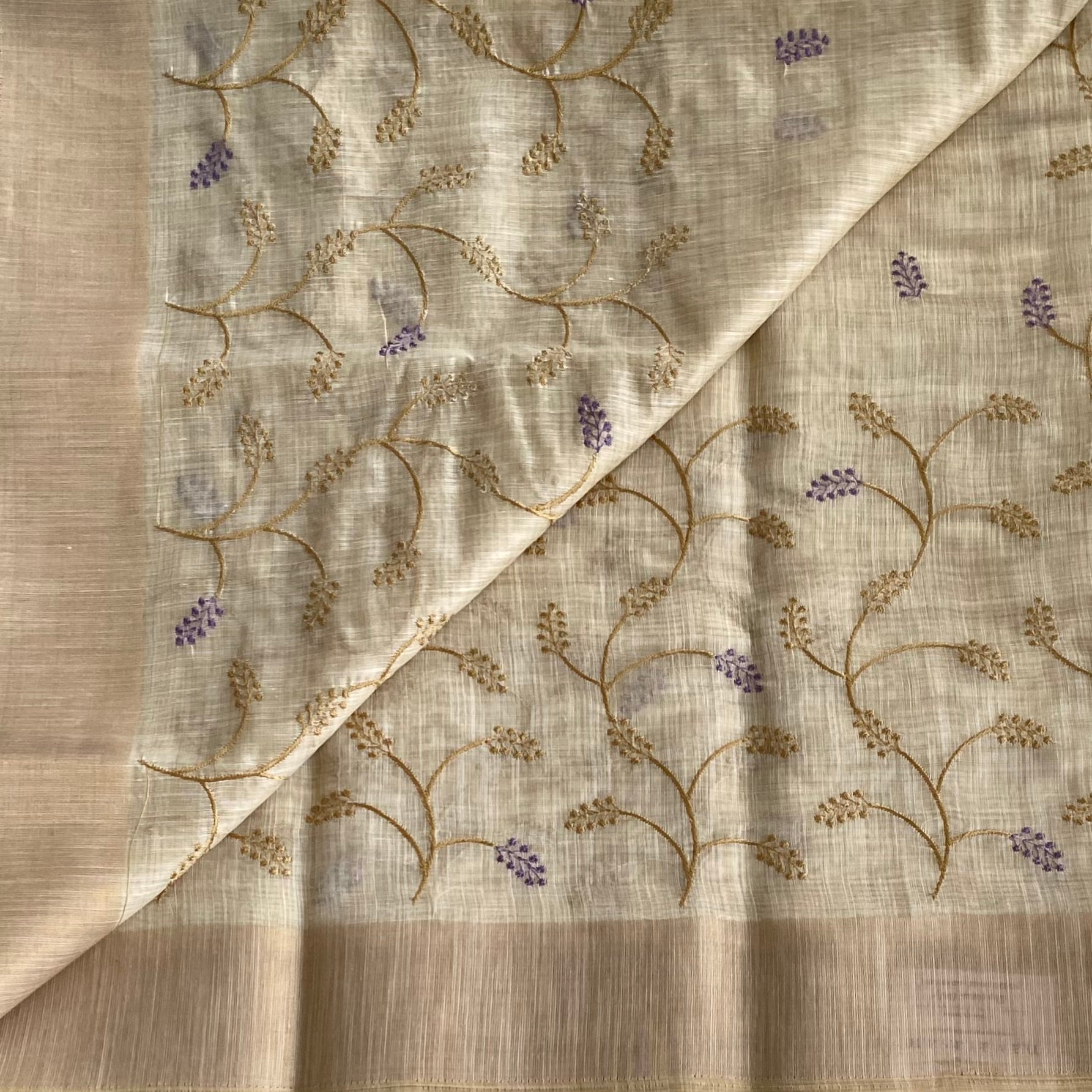 Light Beige Golden Vine Saree with Lavender Accents and Tassels