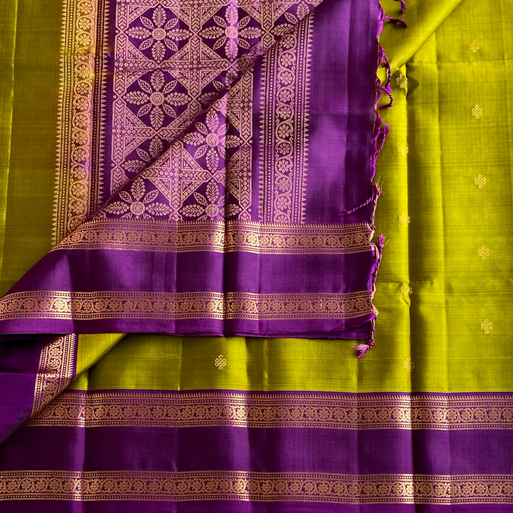 Lime Green Designer Pure Silk Saree With Royal Purple Pallu