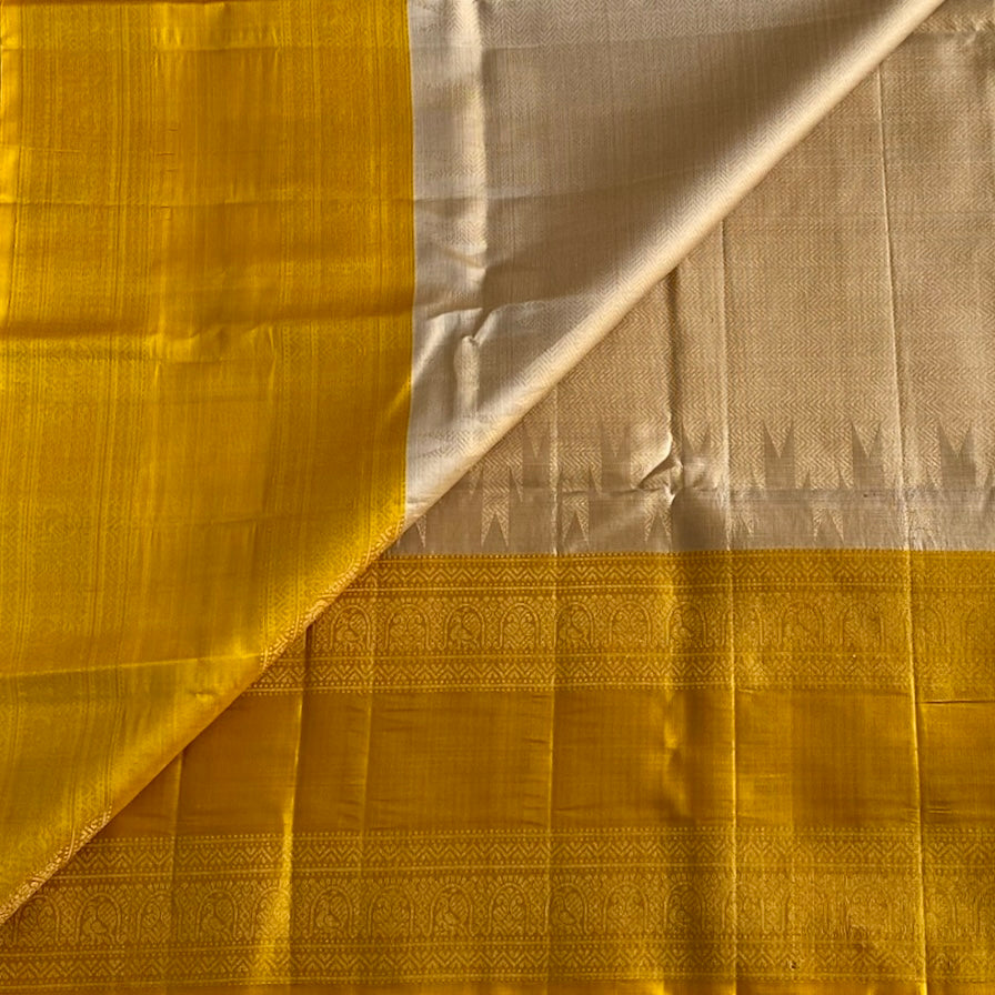 Champagne Beige Designer Pure Silk With Mustard Yellow Zari Work