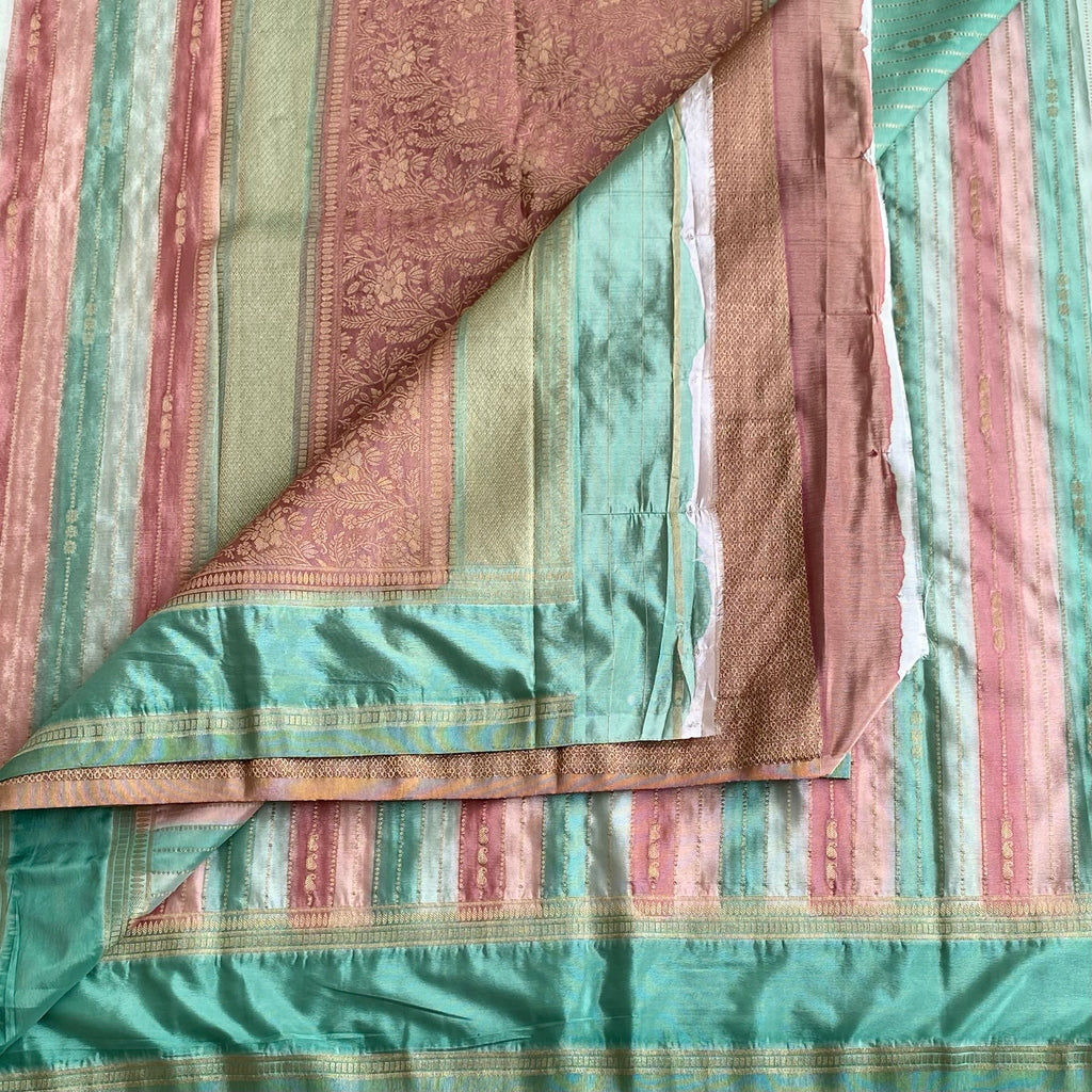Mint Green And Peach Striped Soft Tussar Silk Saree With Dusty Rose Pallu