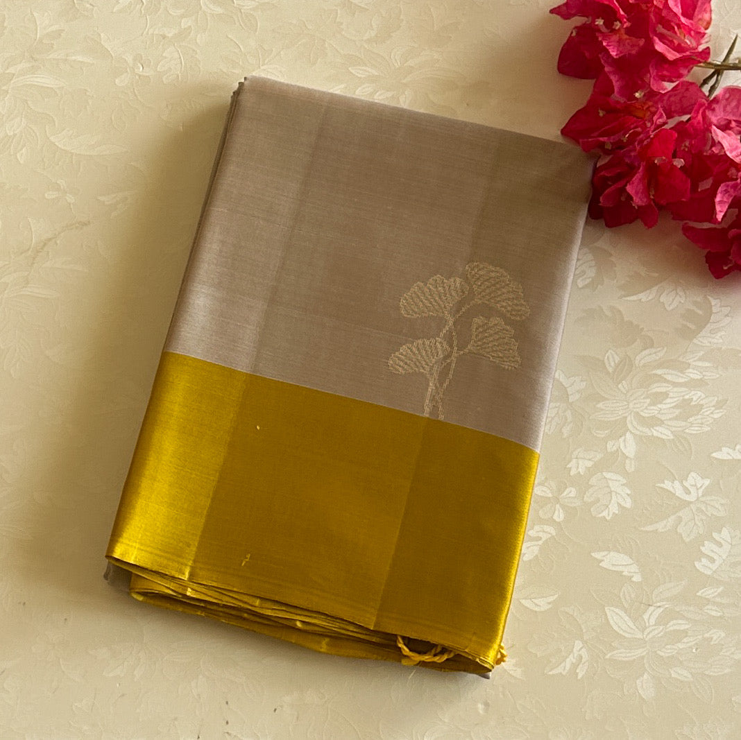Metallic Greyish Beige with Mango Yellow Designer Pure Silk with Floral Zari Weave