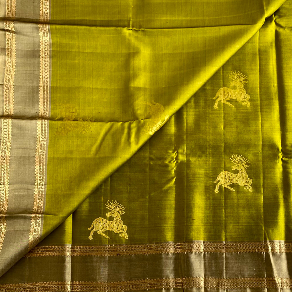 Rich Olive Green Designer Pure Silk Saree With Greyish Beige Pallu And Zari