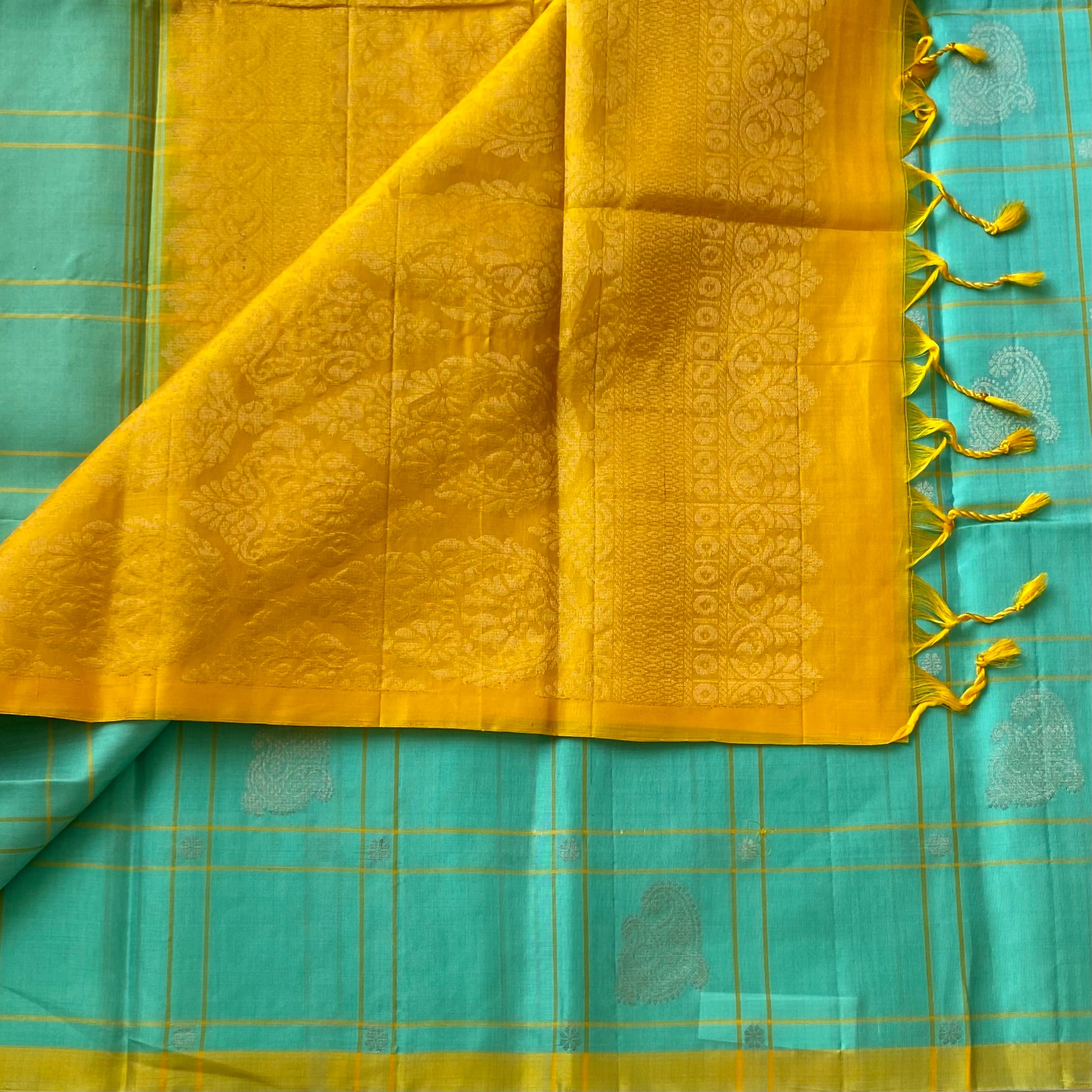 Classy Sea blue with mango yellow checkered designer pure silk