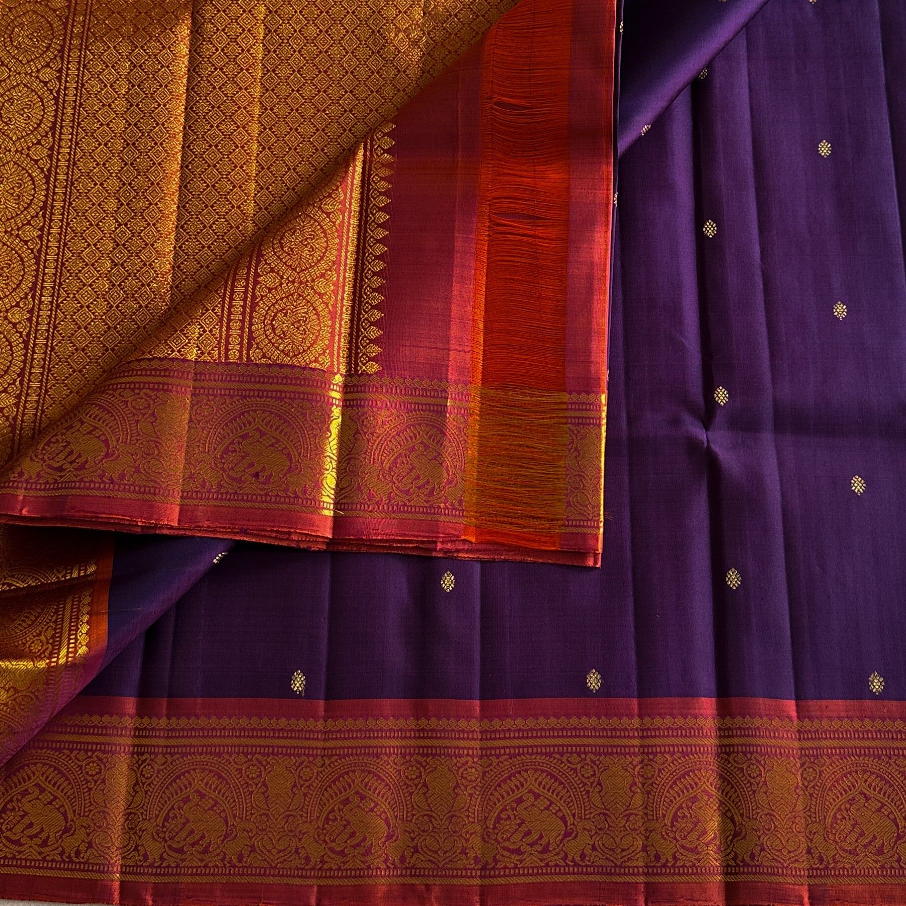 Elegant Wine Red Silk Saree Gold Brocade Buttas Temple Border