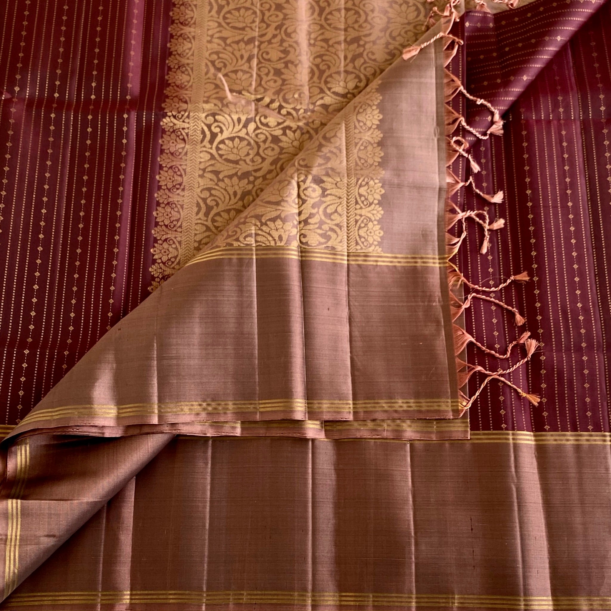 Classic Chocolate Brown Designer Pure Silk Saree With Biscuit Brown
