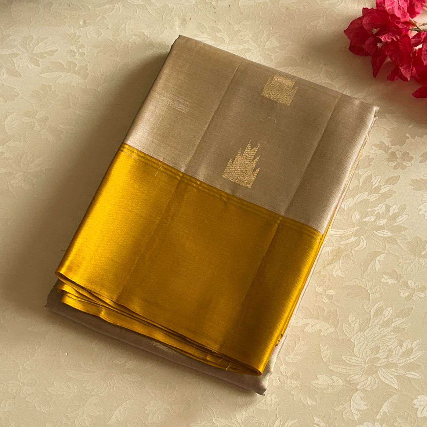 Mustard Silk Saree With Beige Pallu And Gold Zari Border