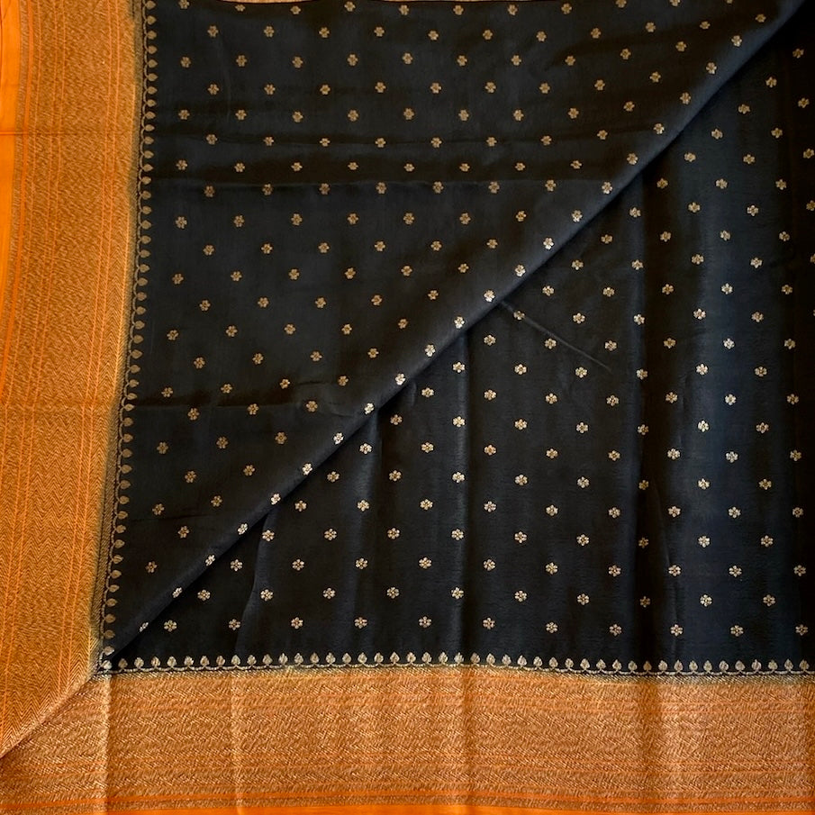 Obsidian Black Banarasi Soft Crepe Silk with Rust Orange Stunner