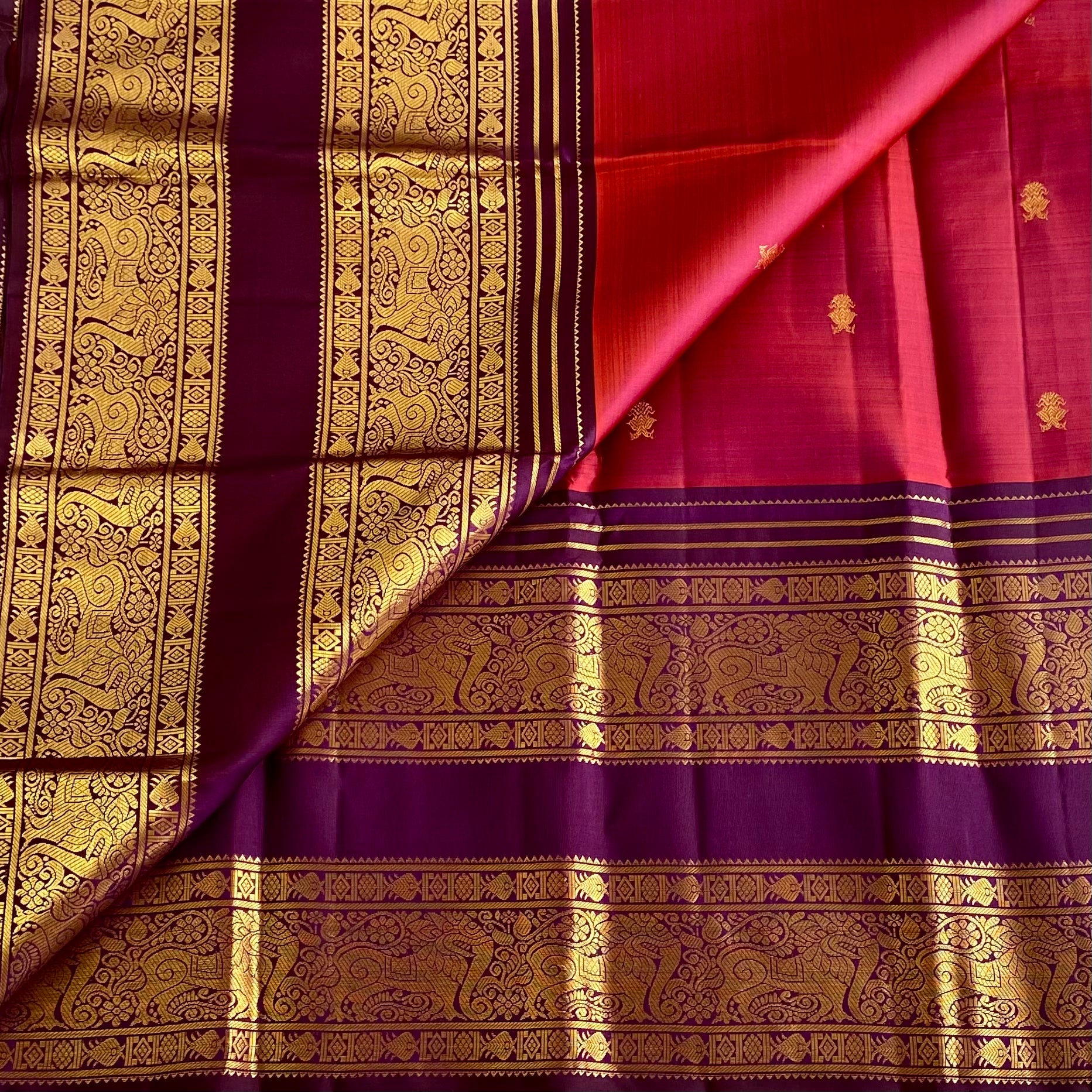 Dual Shaded Rust Pink With Elegant Purple Pure Zari Kanjeevaram Masterweave