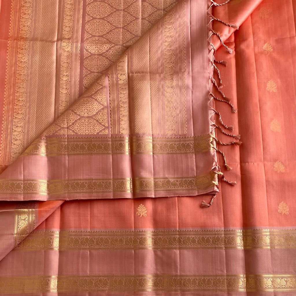 Peach Coral Designer Pure Silk With Dusty Rose Retta Petta Borders