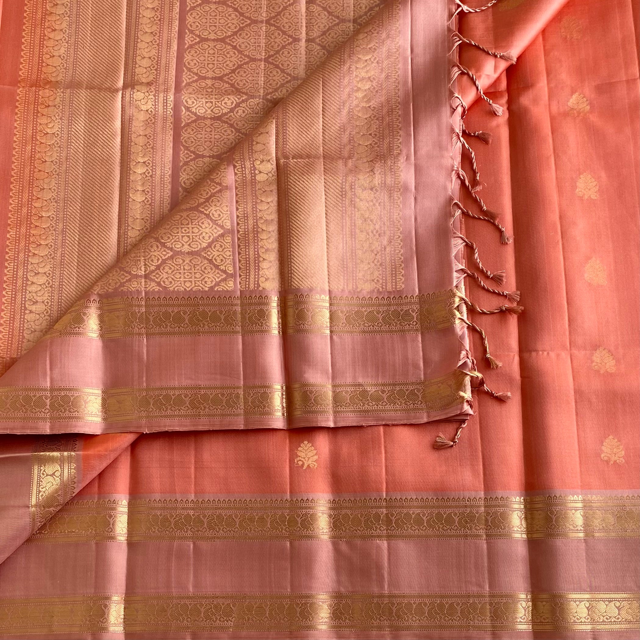 Peach Coral Designer Pure Silk With Dusty Rose Retta Petta Borders