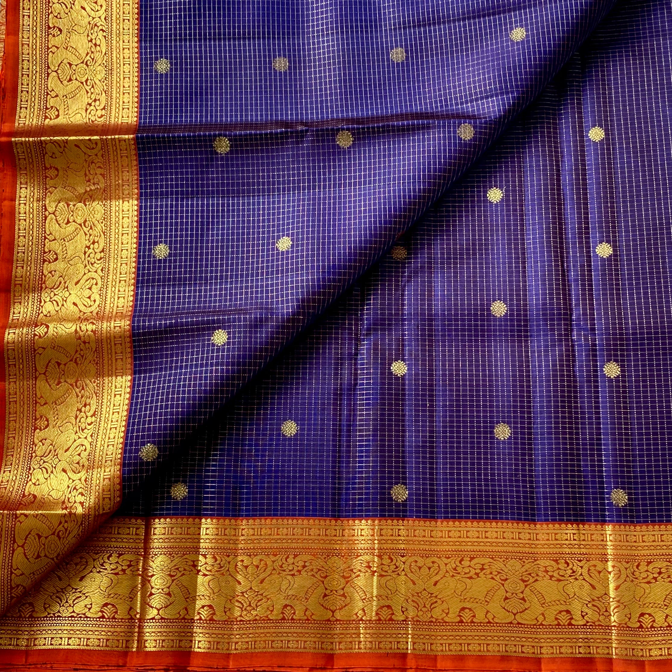Indigo Classic vintage combination with rust tiny checkered pure Kanjeevaram