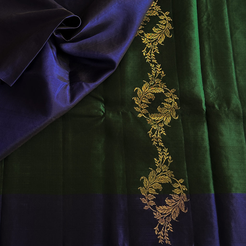 Emerald Green Woven Saree Royal Purple Pallu Antique Gold Zari